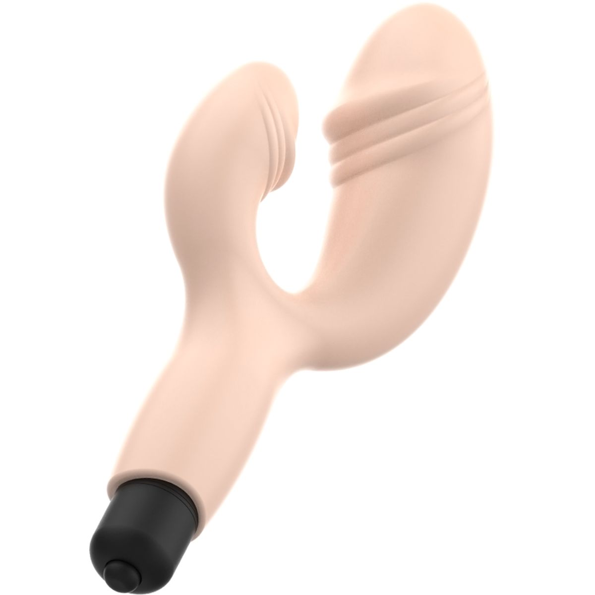 Beigefarbener Vibrator mit zwei Enden und schwarzem Griff. Das Gerät hat eine gebogene Form.
