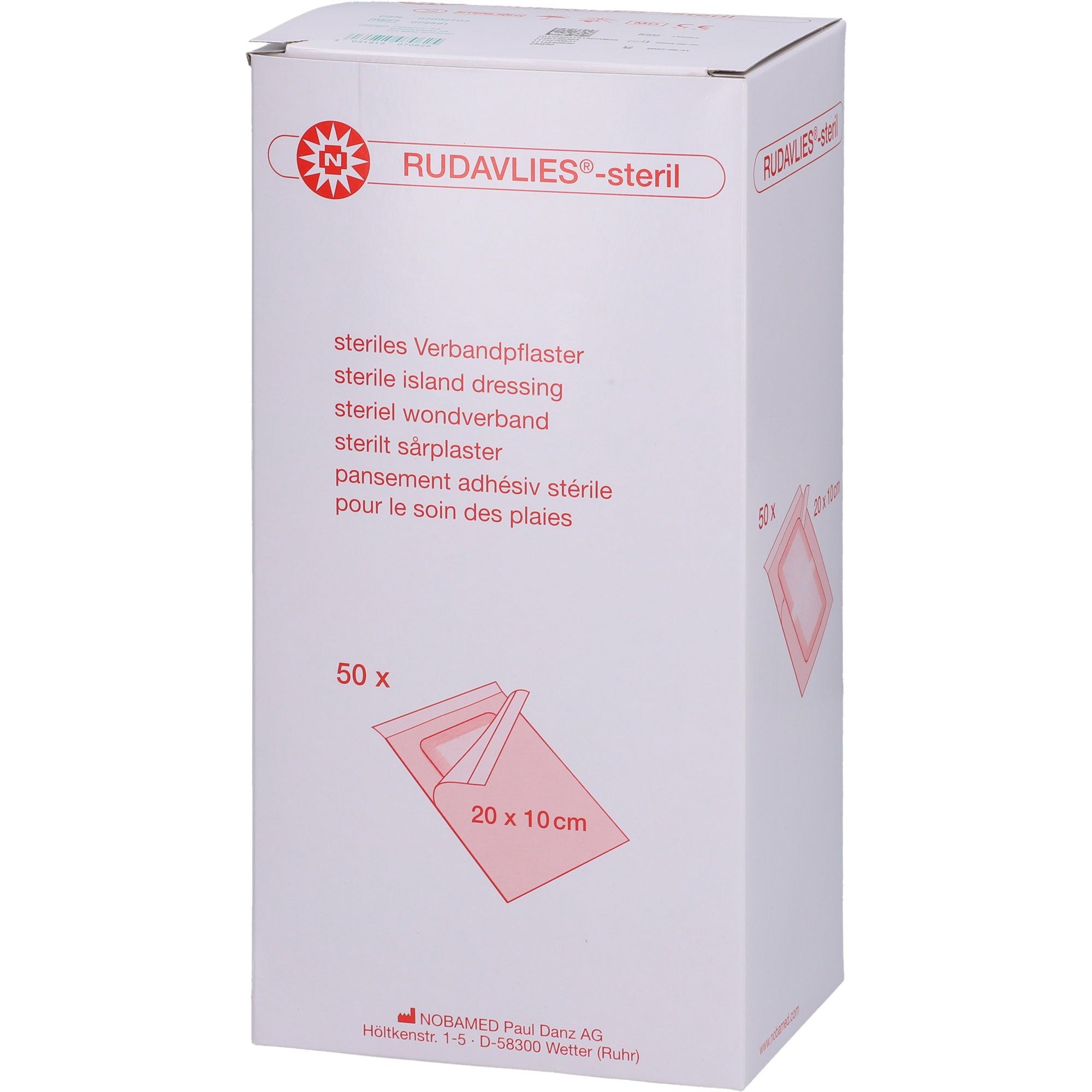 Verpackung von Rudavlies-steril Wundpflastern. Enthält 50 Stück, 20x10cm. Aufdrucke: Logo, Produktname, Beschreibung, Hersteller.