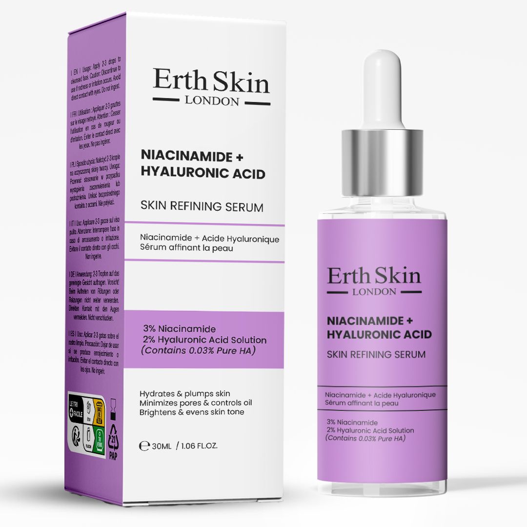 Flacone di siero e confezione. Scritta: Erth Skin London, Niacinamide + Acido Ialuronico, Siero affinante la pelle.