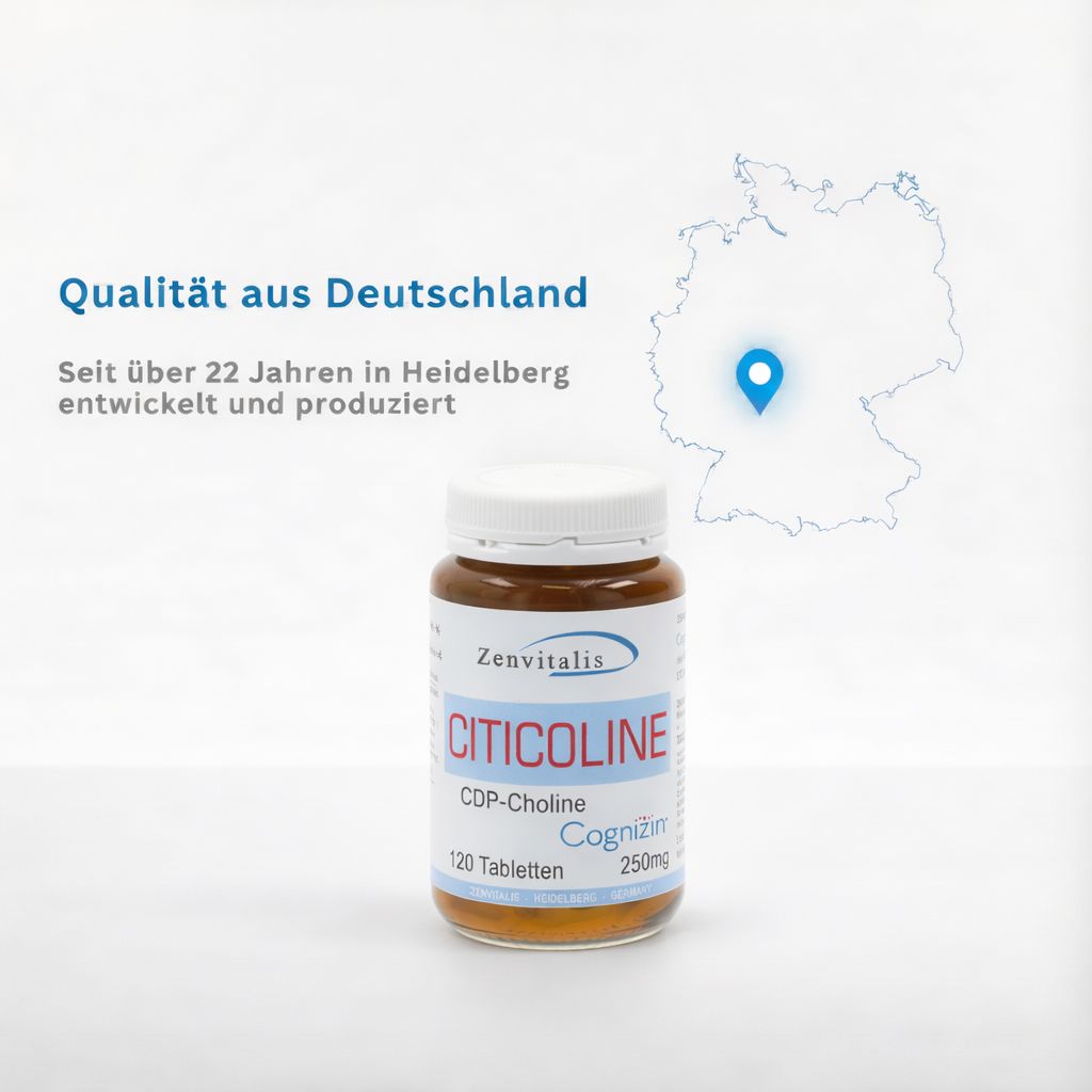 Braune Tablettenflasche mit weißem Deckel. Text: Citicoline, CDP-Cholin, 120 Tabletten, Cognizin 250mg. Qualität aus Deutschland.