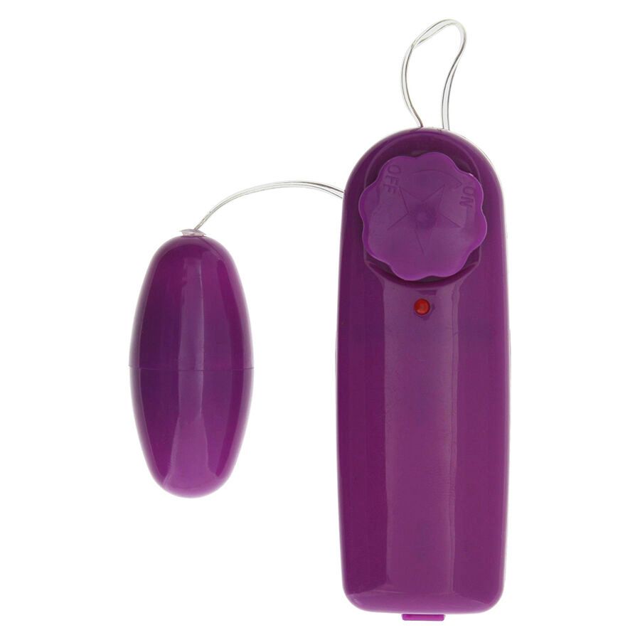 Lila Vibrator mit Fernbedienung. Ei-förmiger Vibrator mit Kabel verbunden.