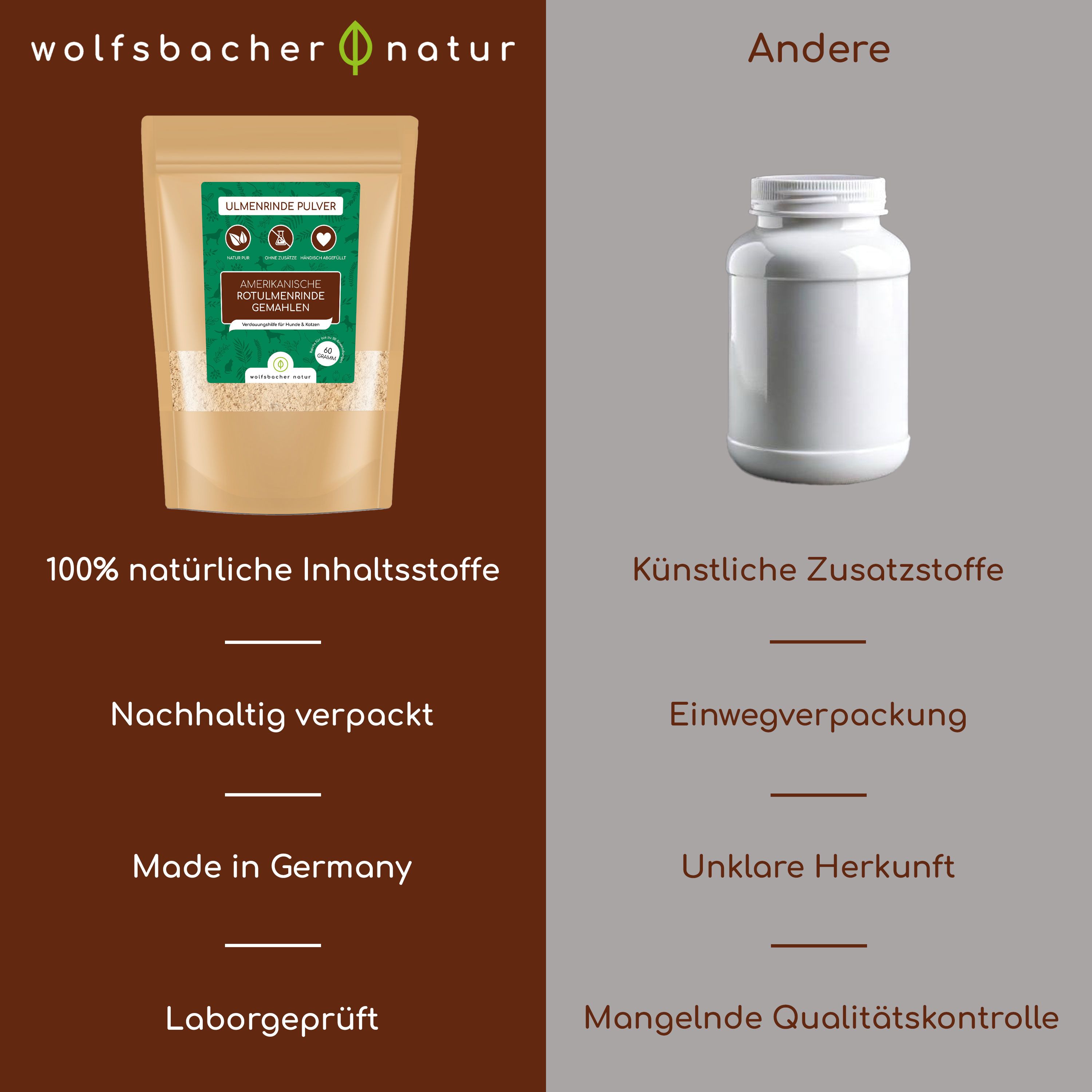 Vergleich: Beutel Ulmenrinde Pulver vs. weiße Pillendose. Text: 100% natürliche Inhaltsstoffe, nachhaltig verpackt, Made in Germany.