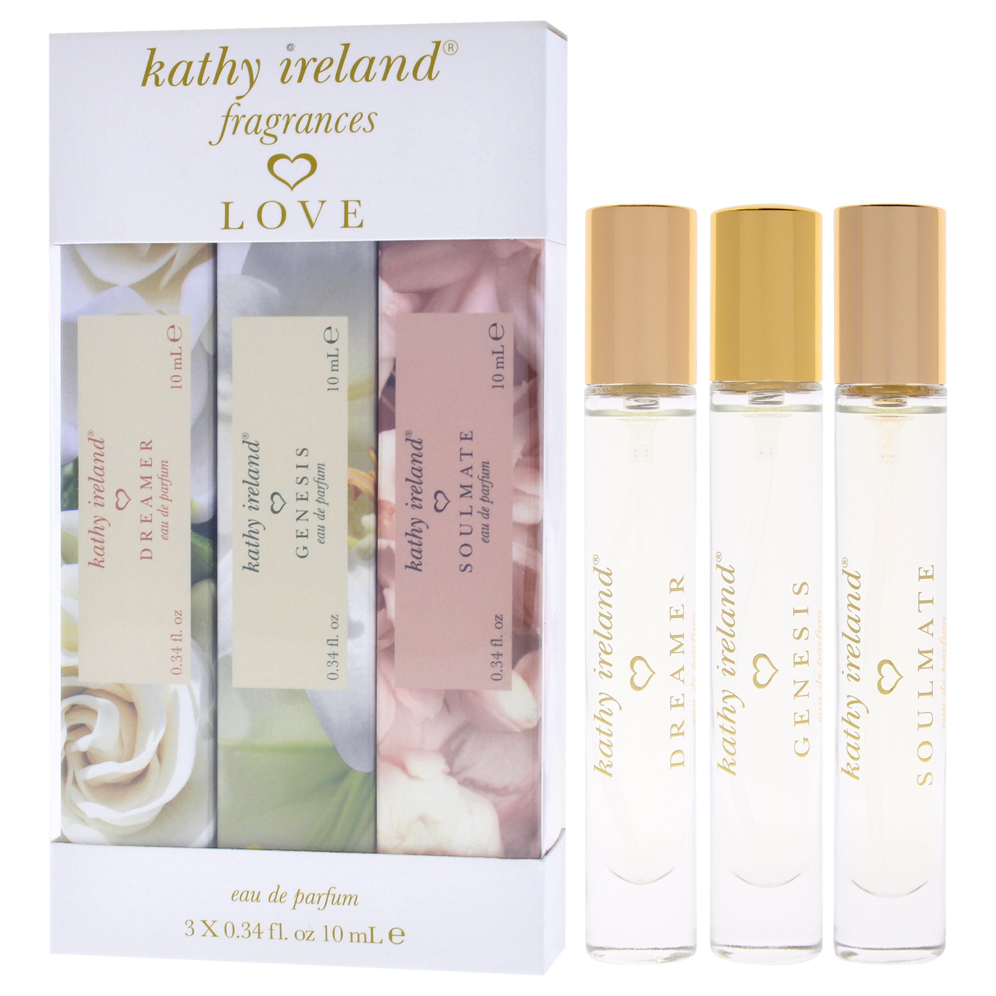 Drei 10-ml-Parfümflaschen von Kathy Ireland Fragrances: Dreamer, Genesis, Soulmate. Goldene und silberne Kappen.