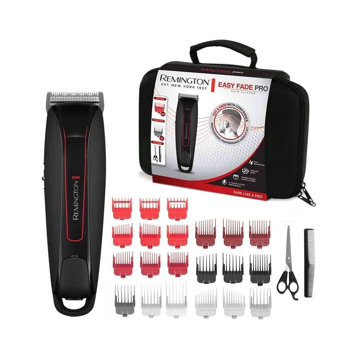 Haarschneider, Zubehör und Tragetasche. Verschiedene Aufsätze, Schere, Kamm.