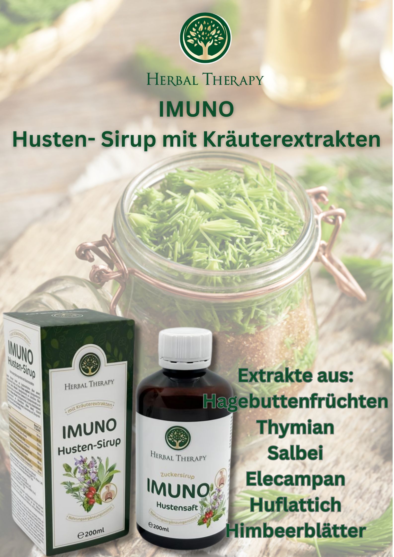 Werbebild mit Hustensirup-Flasche und Schachtel. Aufschrift: IMUNO Husten-Sirup. Kräuterextrakte: Hagebutte, Thymian, Salbei, Elecampan, Huflattich, Himbeerblätter.