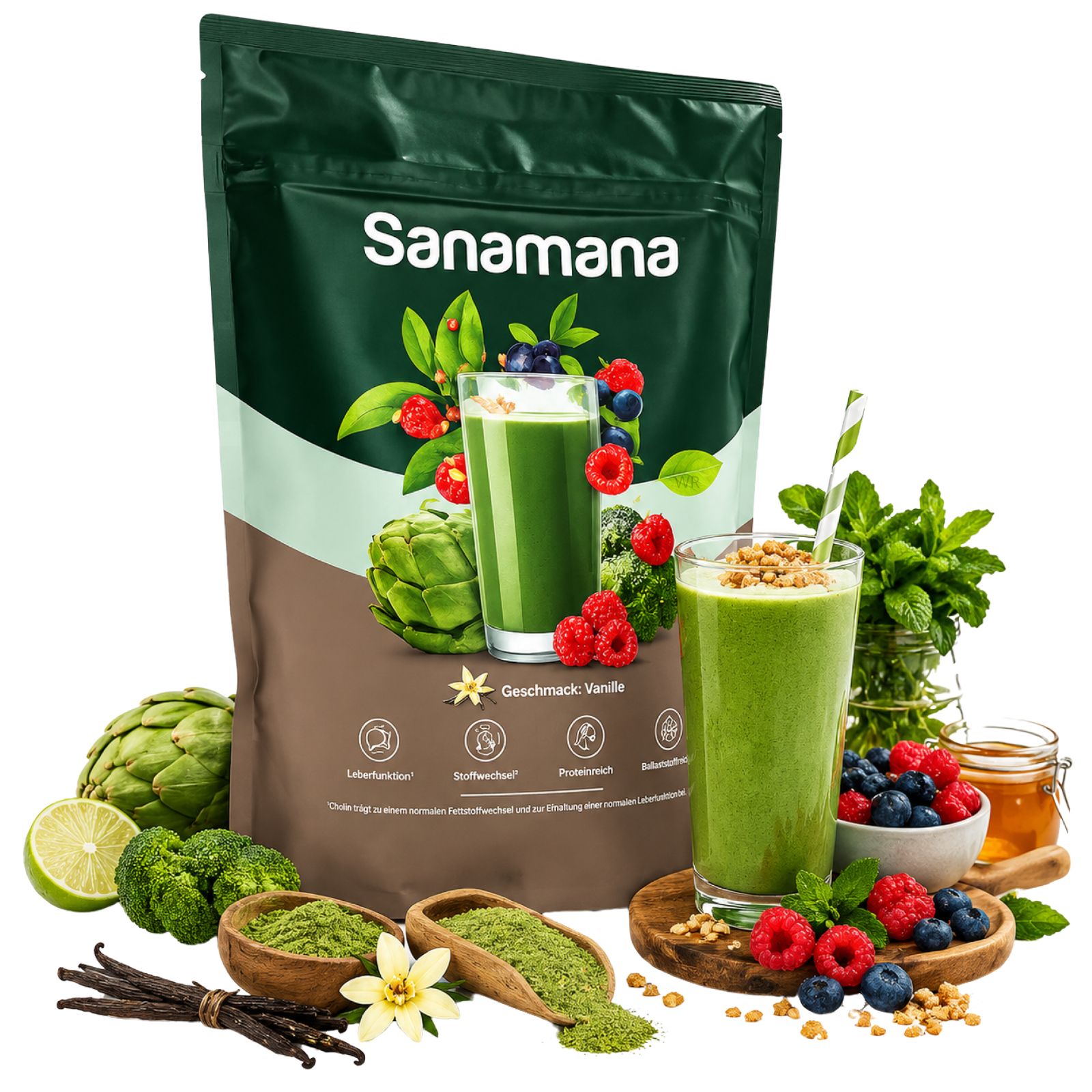 Sanamana Green Shake Pulverbeutel mit Smoothie, Zutaten wie Vanille, Beeren und Artischocke.