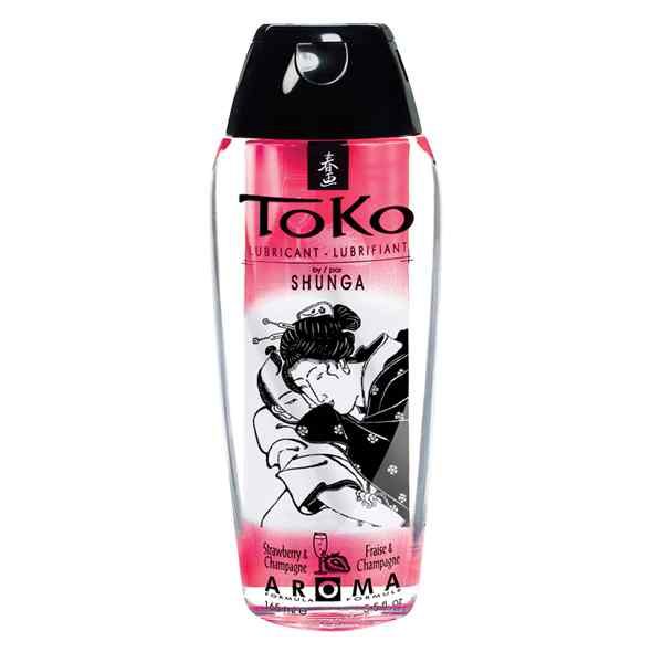 Transparente Flasche mit schwarzem Deckel. Aufschrift "Toko Lubricant". Abbildung einer Frau. Text: Strawberry & Champagne.
