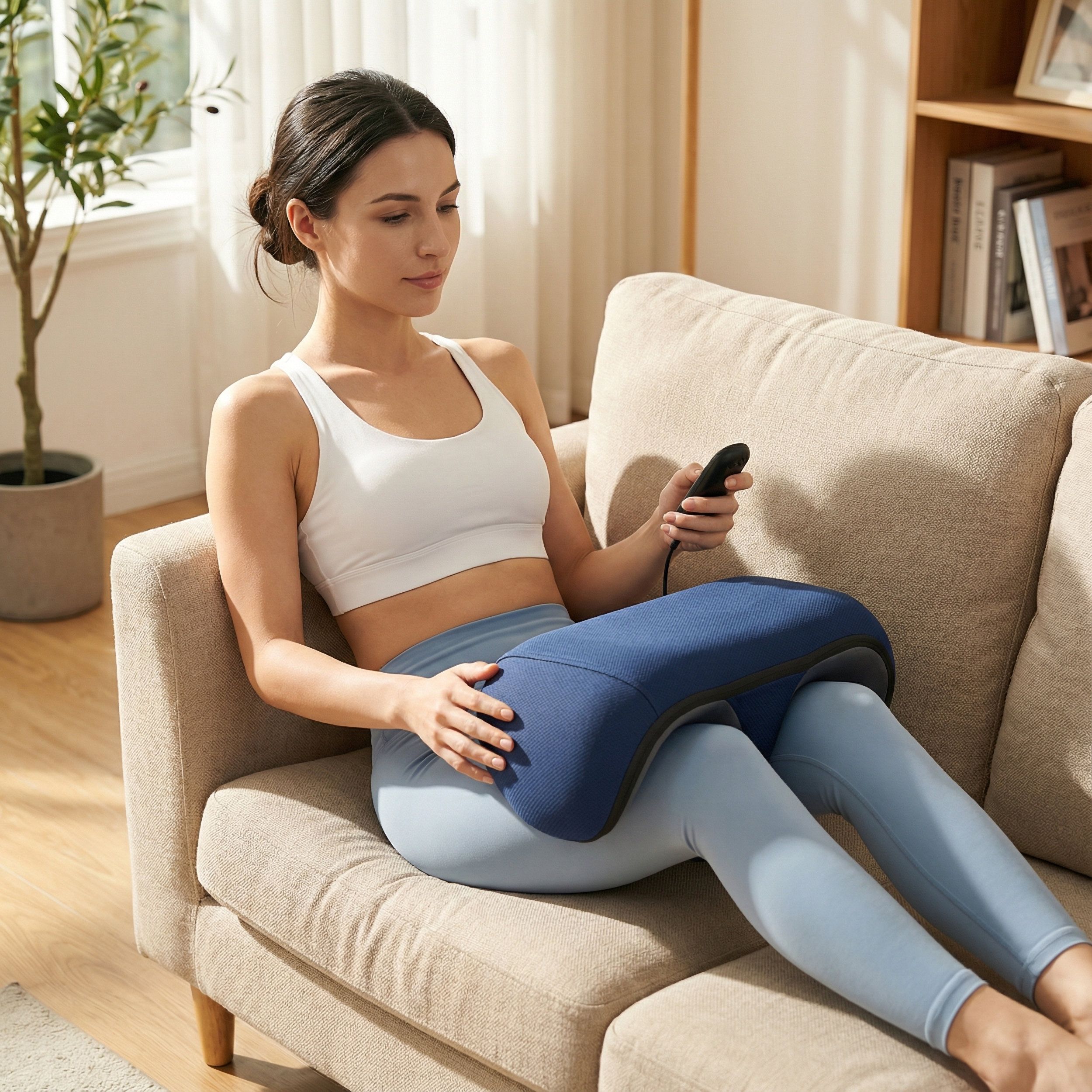 Frau sitzt auf einem Sofa und benutzt ein blaues Beinmassagekissen. Sie hält eine Fernbedienung.