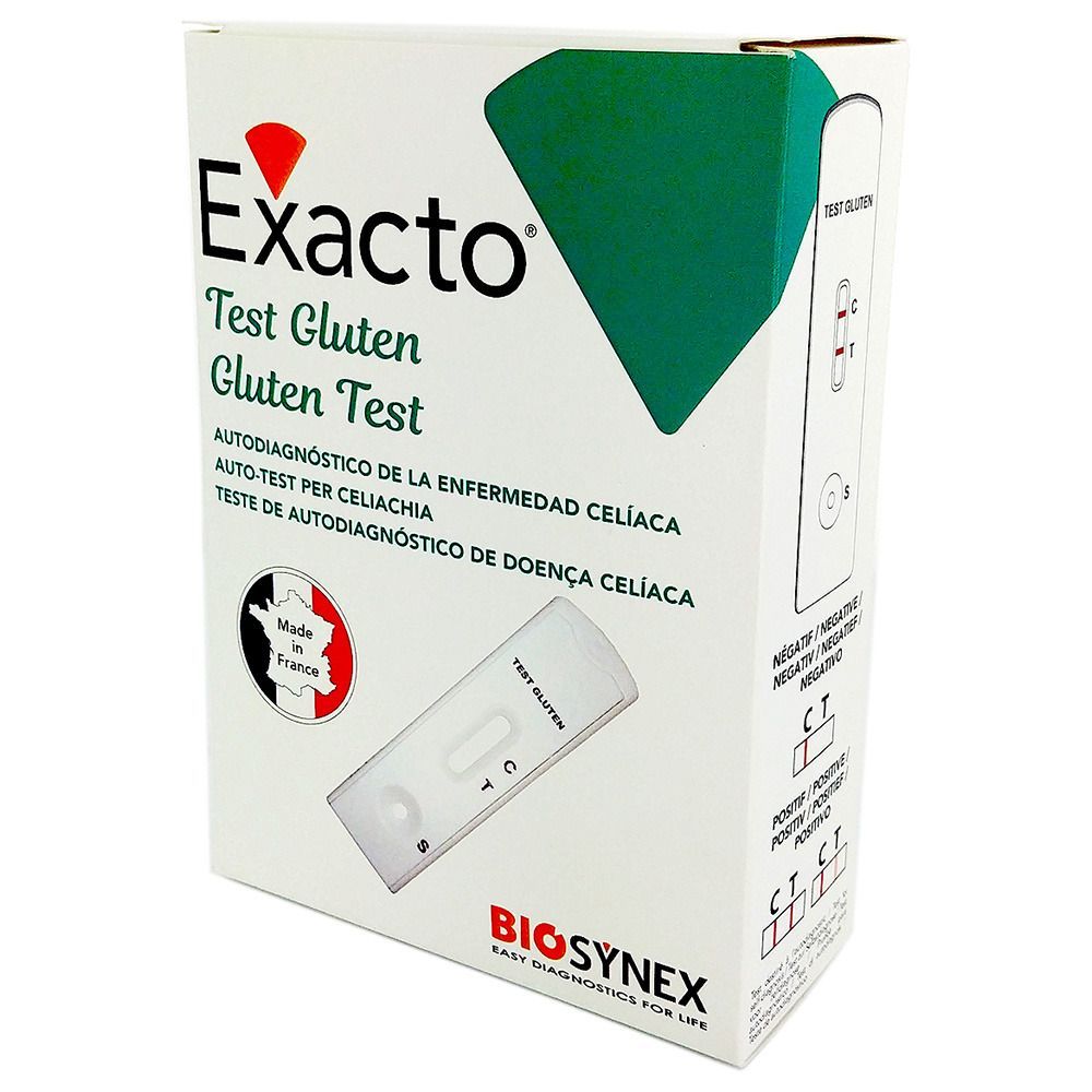 Exacto® Gluten Test-Verpackung mit Testergebnissen. Weißer Karton mit Produktnamen und Teststreifen. Ergebnisse: negativ/positiv.