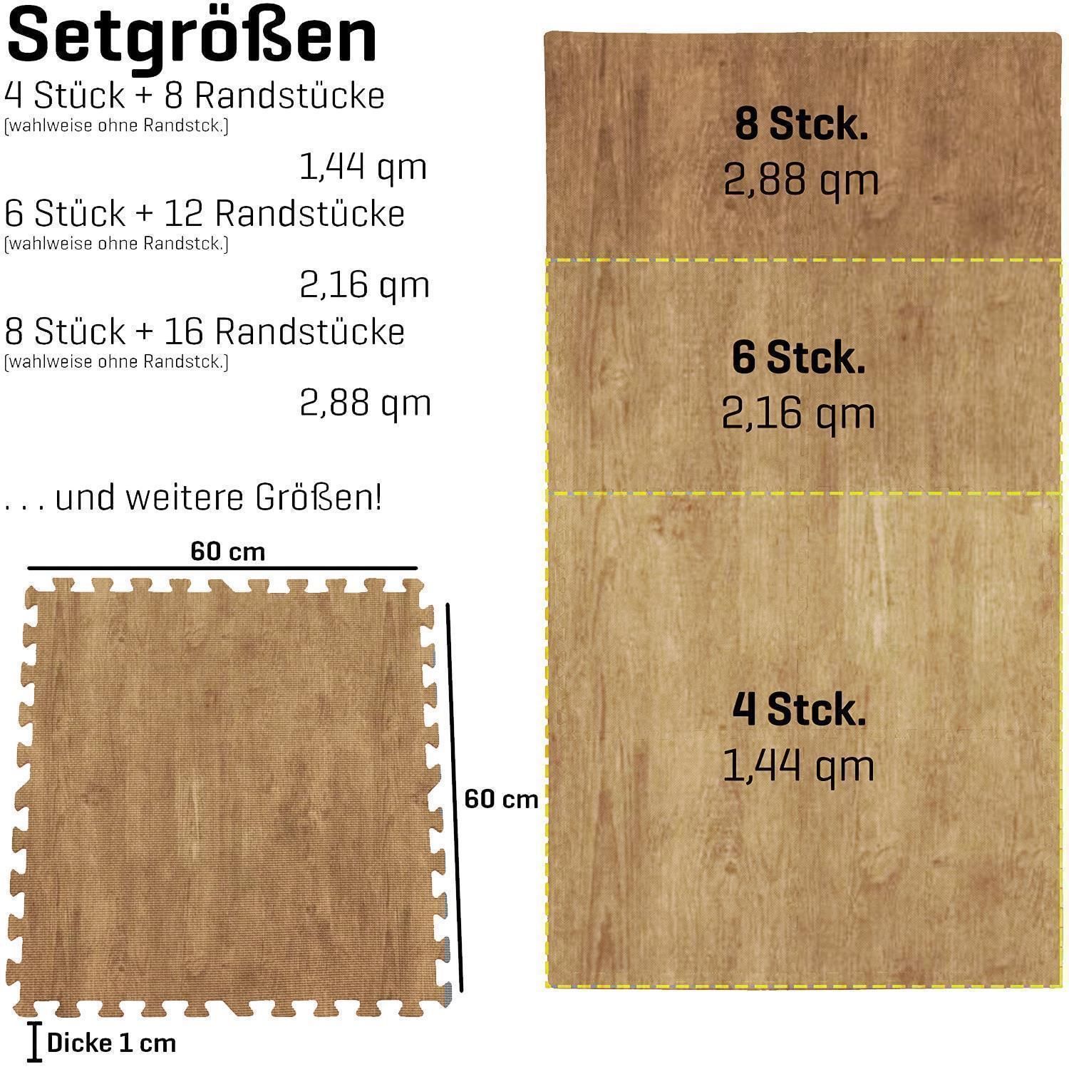 Braune Schutzmatten in Holzoptik. Text mit Setgrößen und Flächenangaben. Maße: 60 cm x 60 cm, Dicke 1 cm.