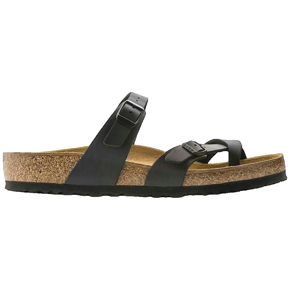 Sandalo nero con cinturini e fibbie. Plantare in sughero. Marchio Birkenstock.