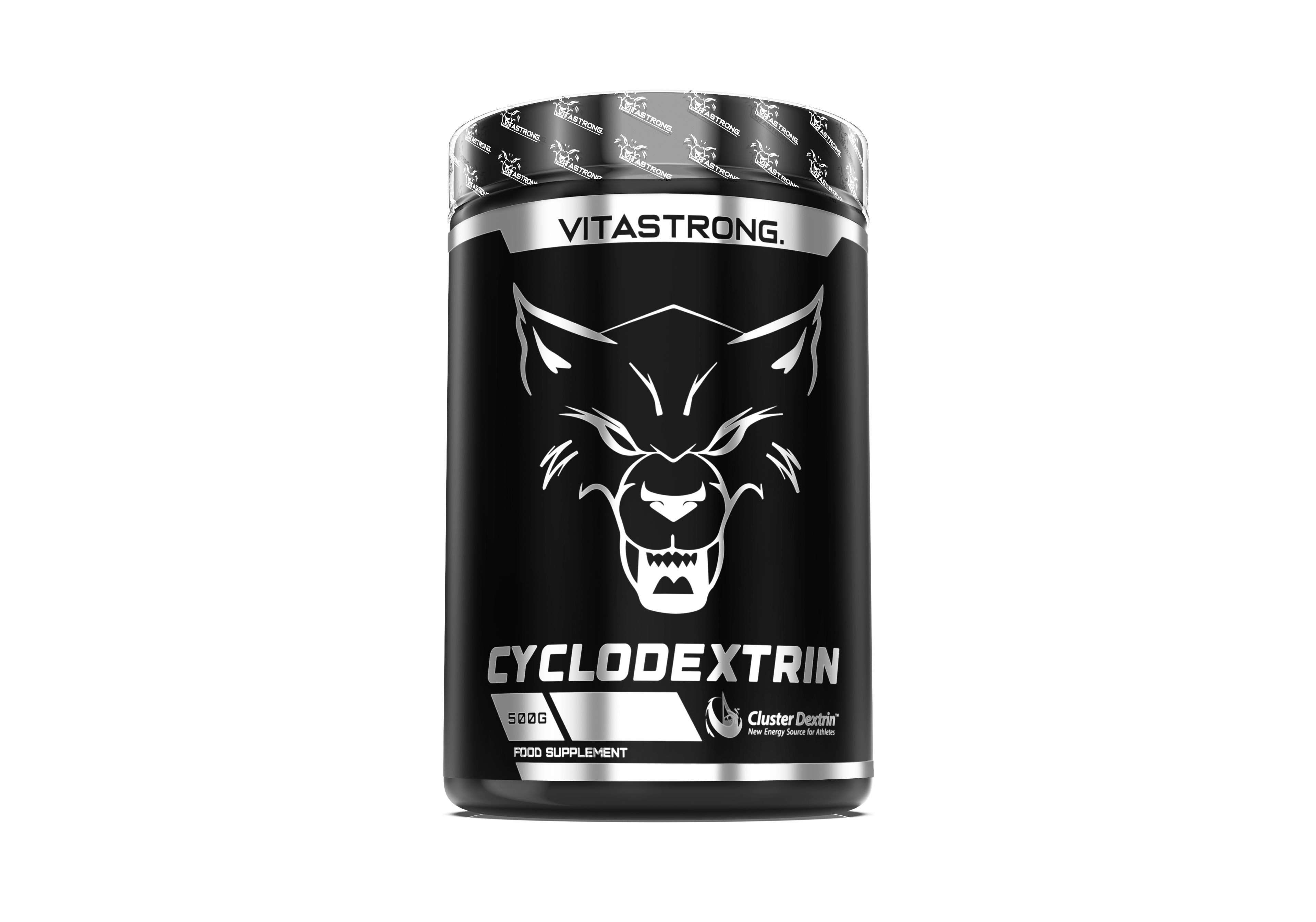 Schwarze Dose mit silbernem Deckel, Wolfskopf-Logo, Text: CYCLODEXTRIN, Cluster Dextrin, Nahrungsergänzungsmittel, Vitastrong.