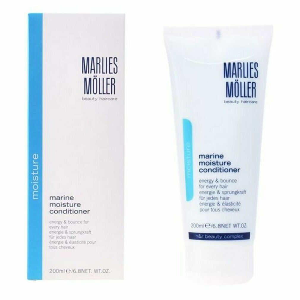 Marlies Möller Marine Moisture Conditioner, Tube und Verpackung. Blaue Akzente, Produktname und Text.
