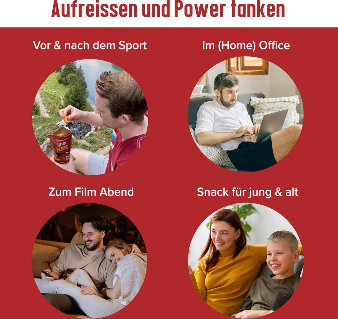 Vier Szenen: Hemp Flips vor und nach dem Sport, im Homeoffice, beim Filmabend, Snack für jung & alt. Produktverpackung sichtbar.
