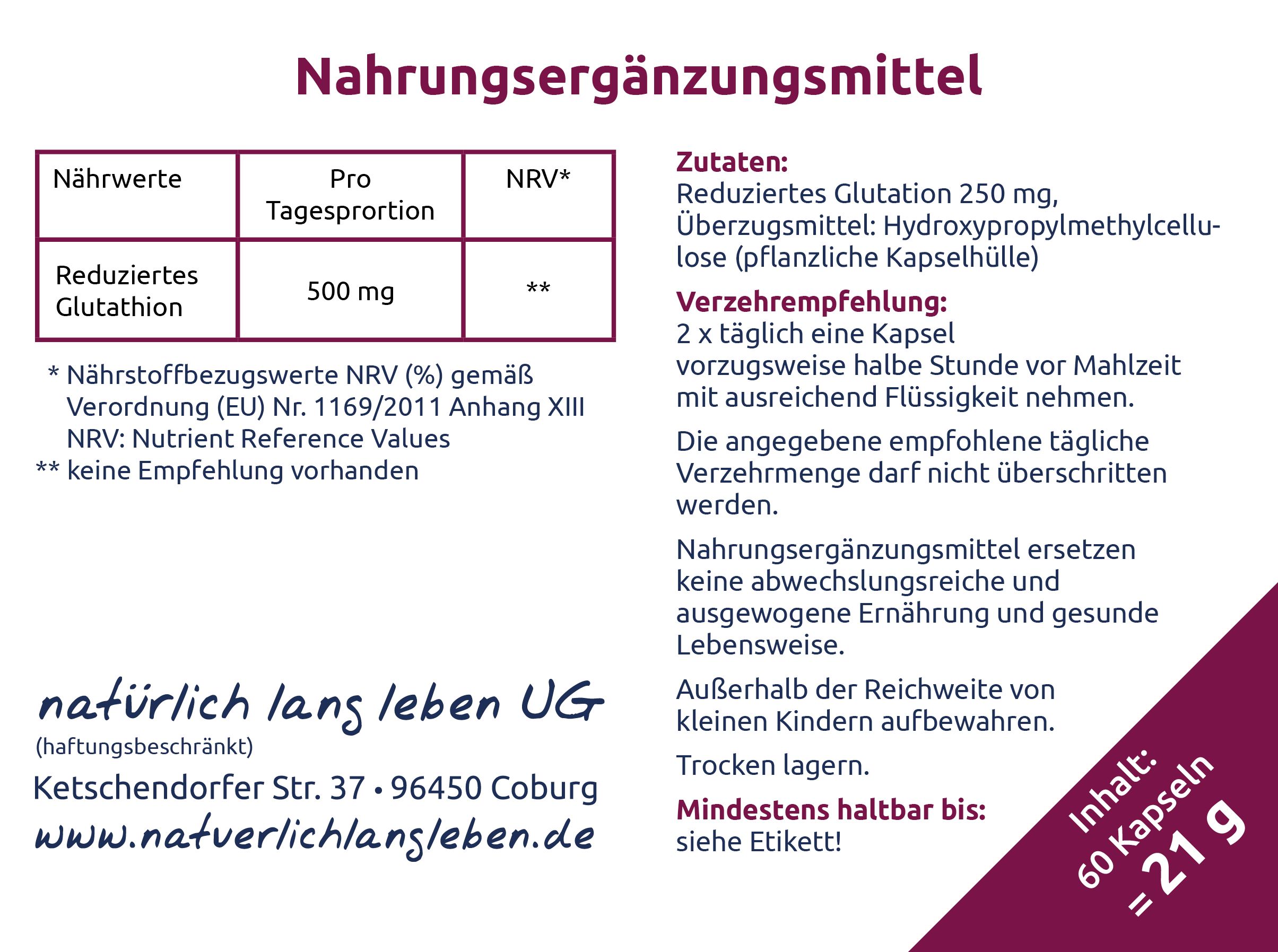 natürlich lang leben Reduziertes Glutathion 21 g Kapseln