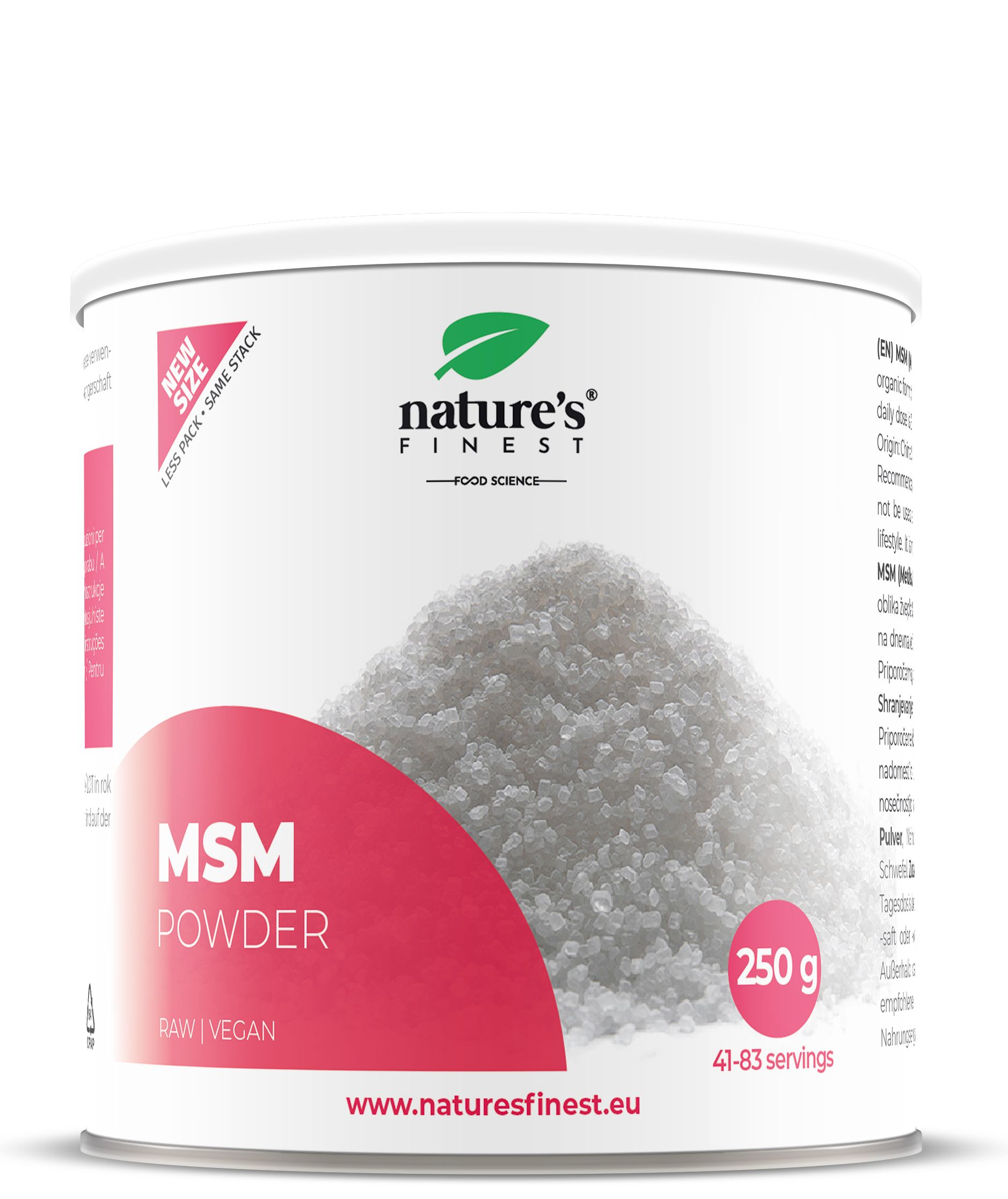Nature's Finest MSM Pulver Dose, 250g, mit weißem Pulver. Roh und vegan.