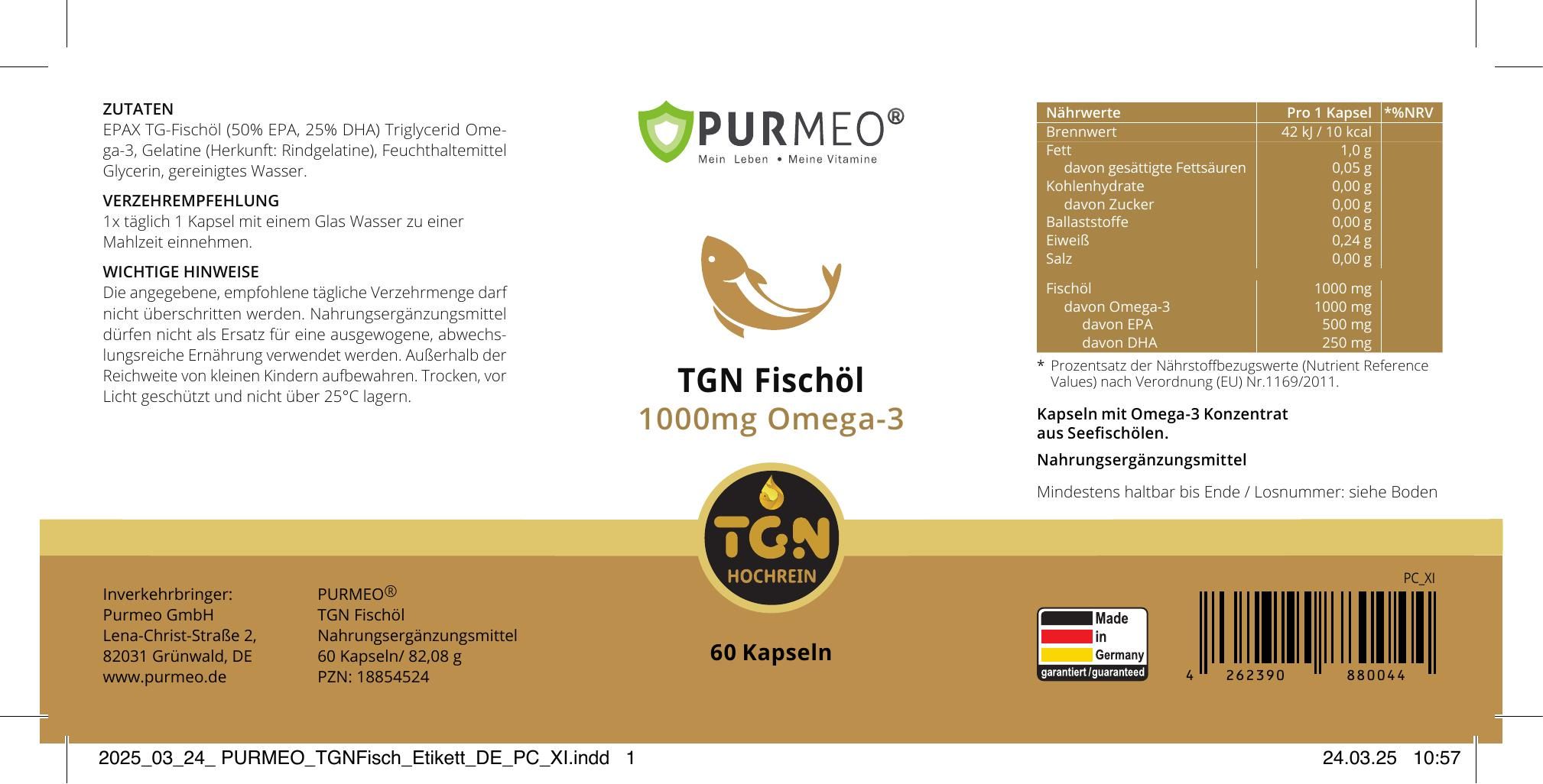 Etikett mit PURMEO-Logo, Fisch-Illustration und Text: TGN Fischöl, 1000mg Omega-3, 60 Kapseln. Enthält Nährwertangaben und Herstellerinformationen.