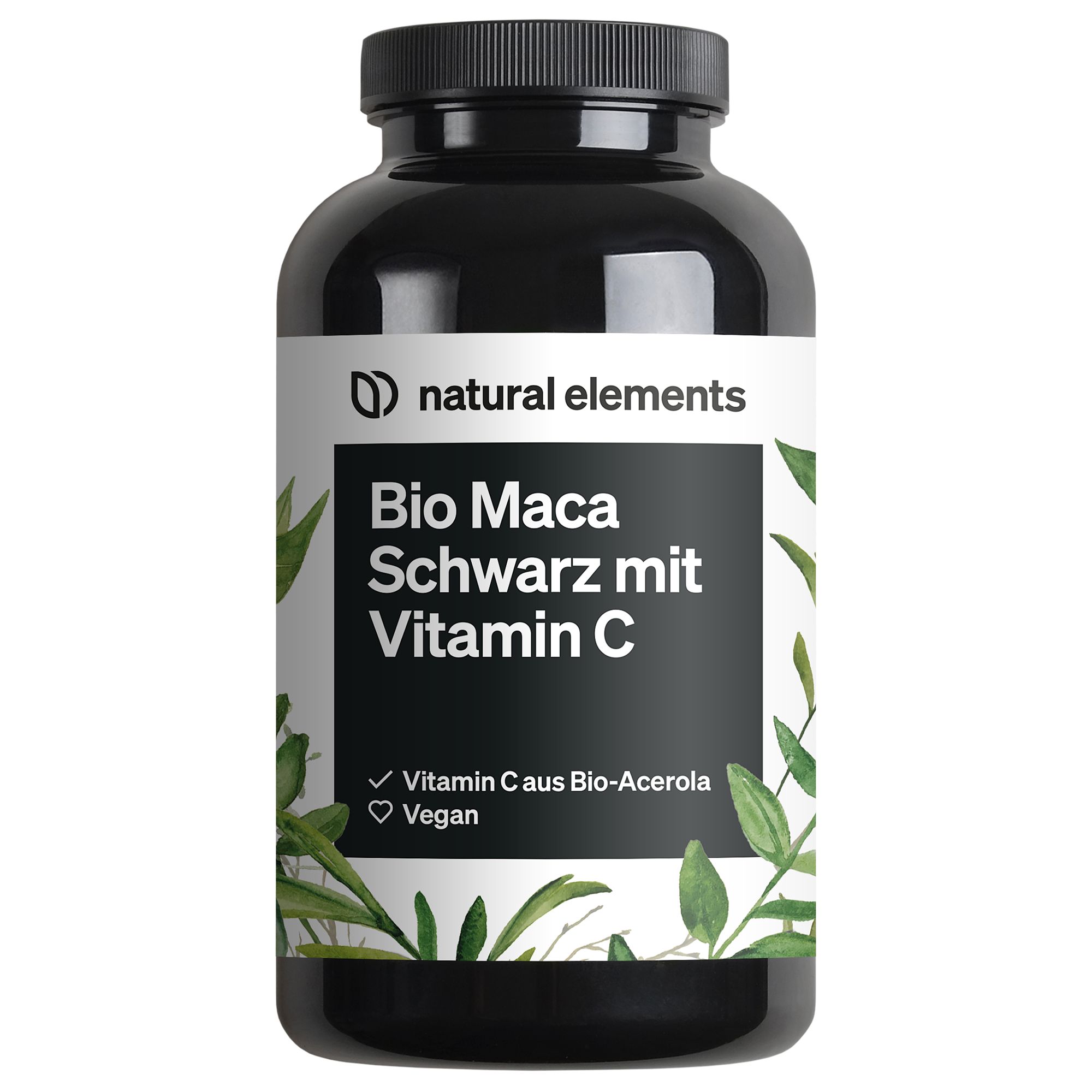 Schwarze Flasche mit weißem Etikett. Aufschrift: Bio Maca Schwarz mit Vitamin C. Vegan. Natural Elements Logo.