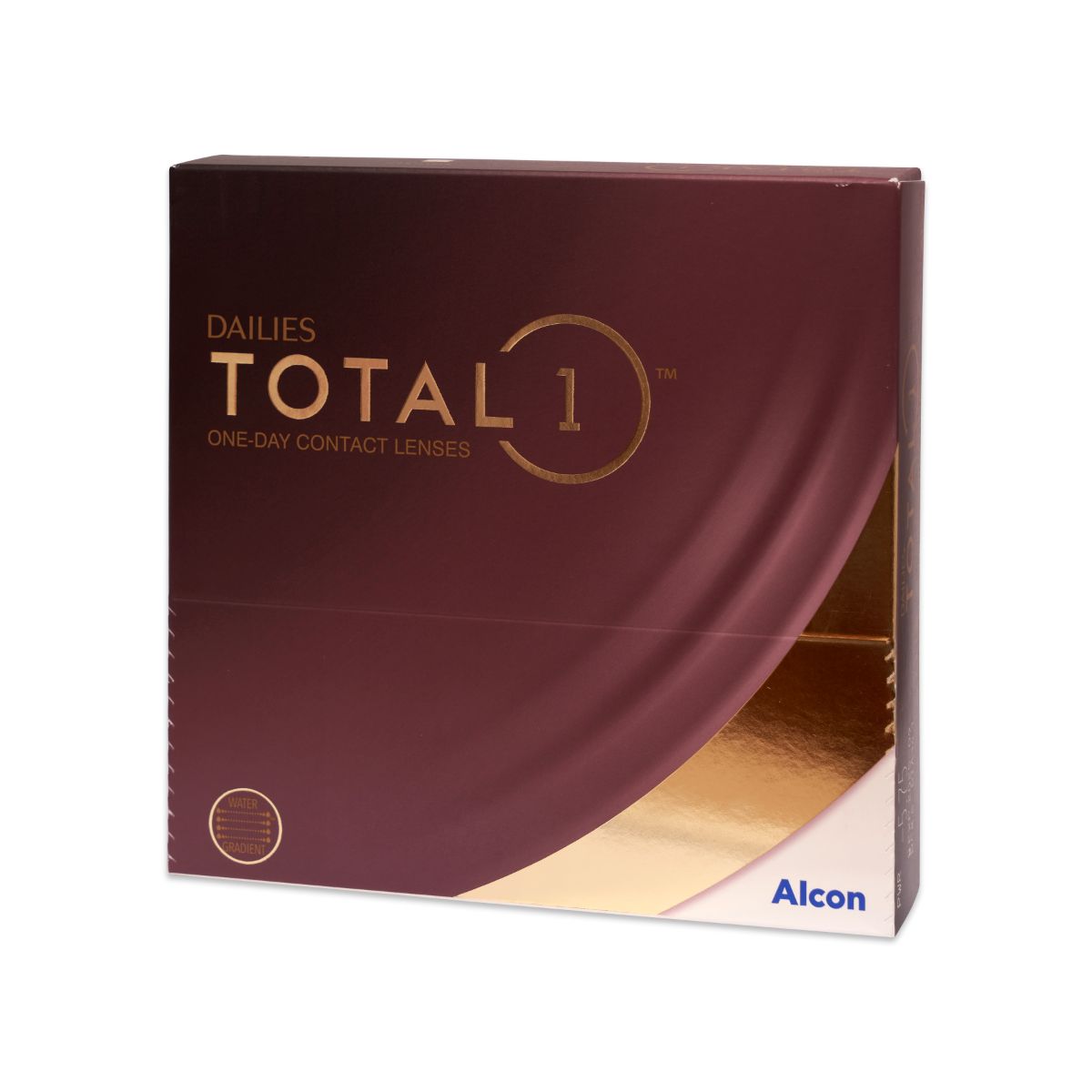 Dailies Total 1 Kontaktlinsen-Verpackung. Dunkelbraune Schachtel mit Produktnamen und Logo. Alcon-Logo unten rechts.