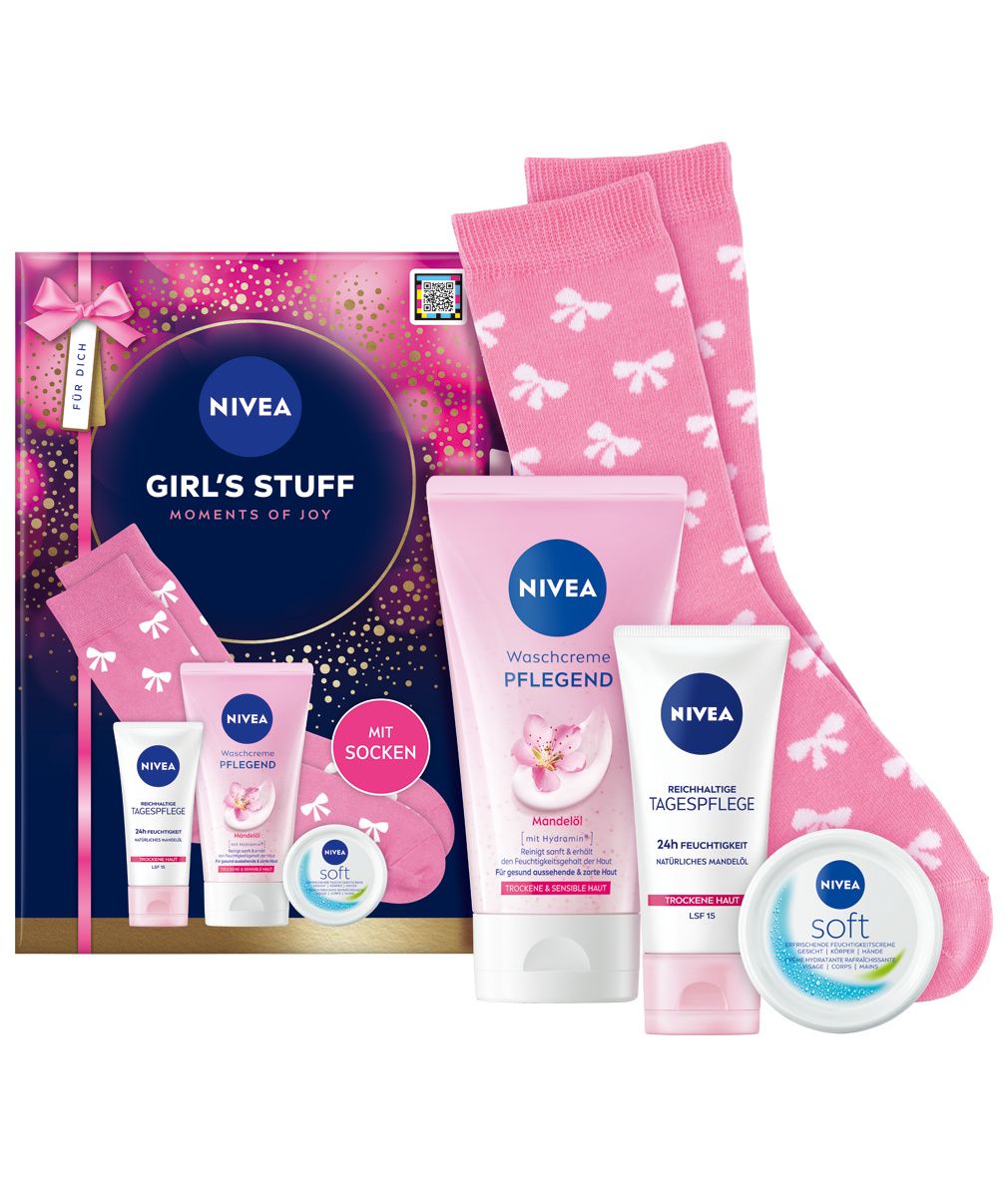 Geschenkbox NIVEA Girl's Stuff mit Socken, Tagespflege, Waschcreme und Soft Creme. Rosa und weiße Verpackung.