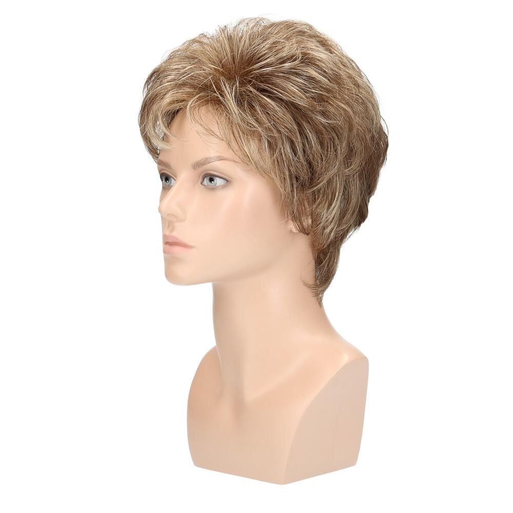 Perücke Peggy von Lofty in Dunkelasch-/Lichtblond gesträhnt, auf einem Schaufensterkopf, Seitenansicht.