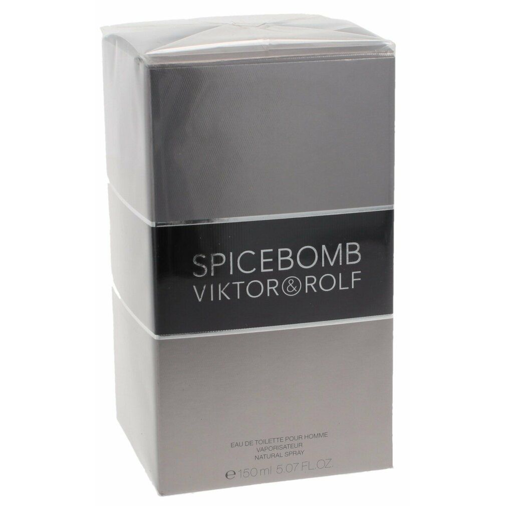 Graue rechteckige Verpackung mit schwarzem Band. Aufschrift: SPICEBOMB VIKTOR&ROLF. Eau de Toilette Pour Homme.