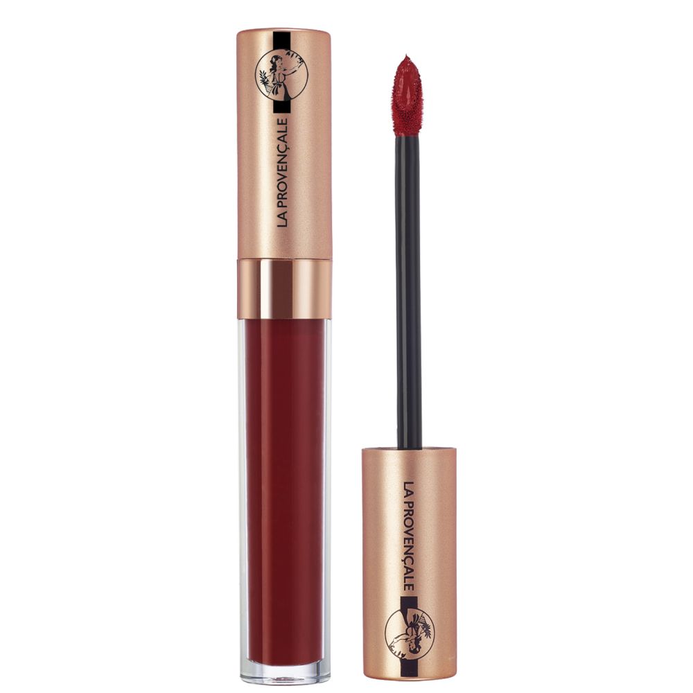 Flüssiger Lippenstift in einer transparenten Flasche mit goldfarbenem Deckel. Der Applikator ist sichtbar. Auf dem Deckel steht "LA PROVENÇALE".