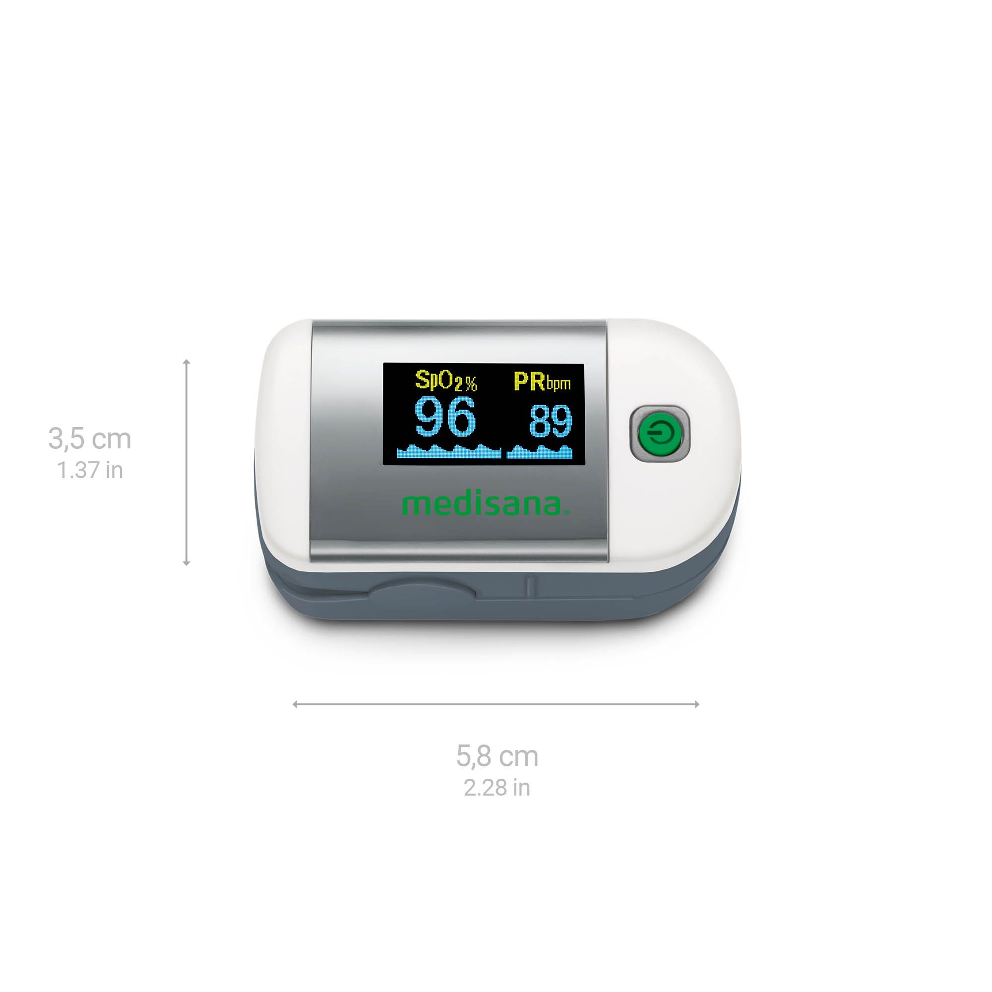 Medisana PM 100 pulsoximeter. Afmetingen: 5,8 cm x 3,5 cm. Toont zuurstofsaturatie en hartslag.