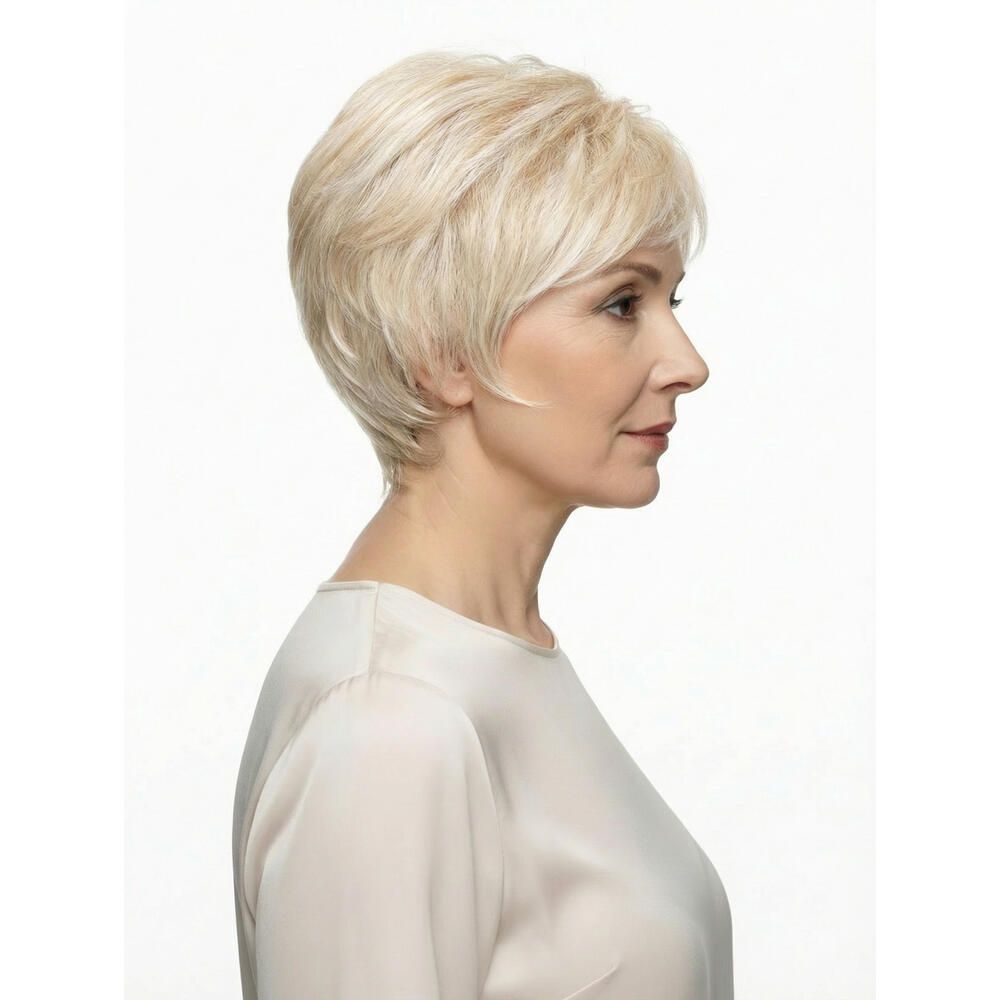 Blonde Perücke mit kurzem Schnitt. Frau mit hellem Oberteil. Profilansicht.