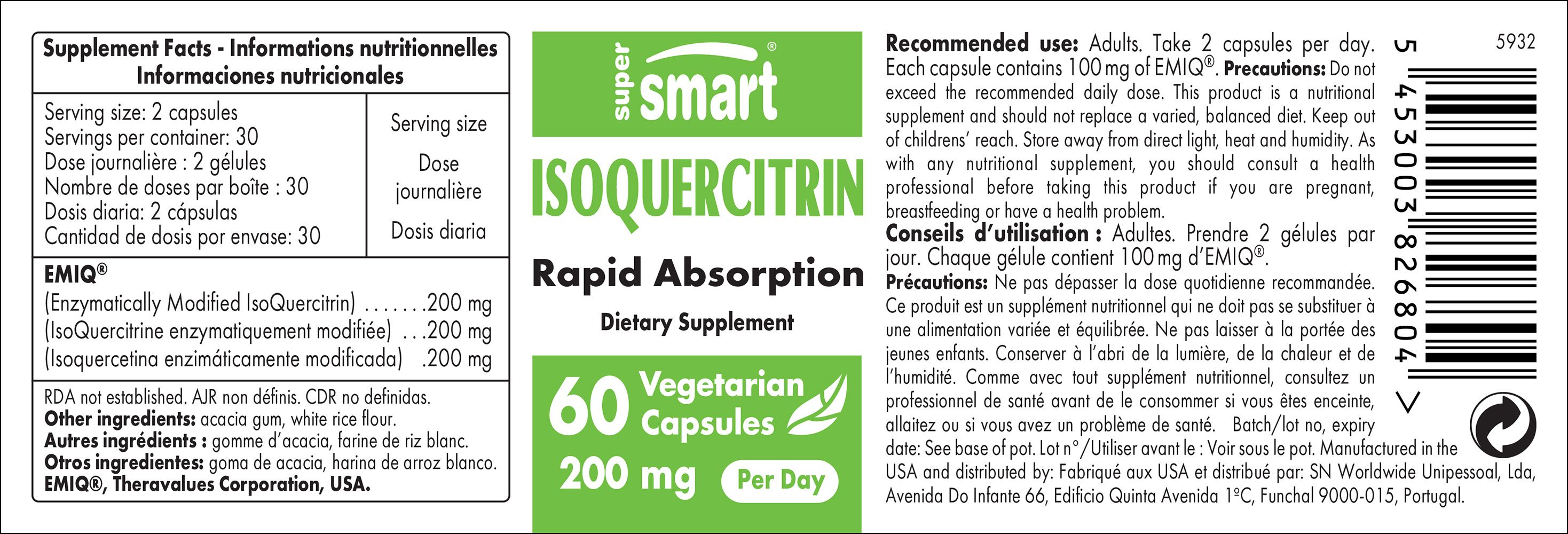 Etikett mit Text: IsoQuercitrin, 60 Kapseln, 200 mg pro Tag. Vegetarische Kapseln. Informationen zu Inhaltsstoffen und Dosierung.