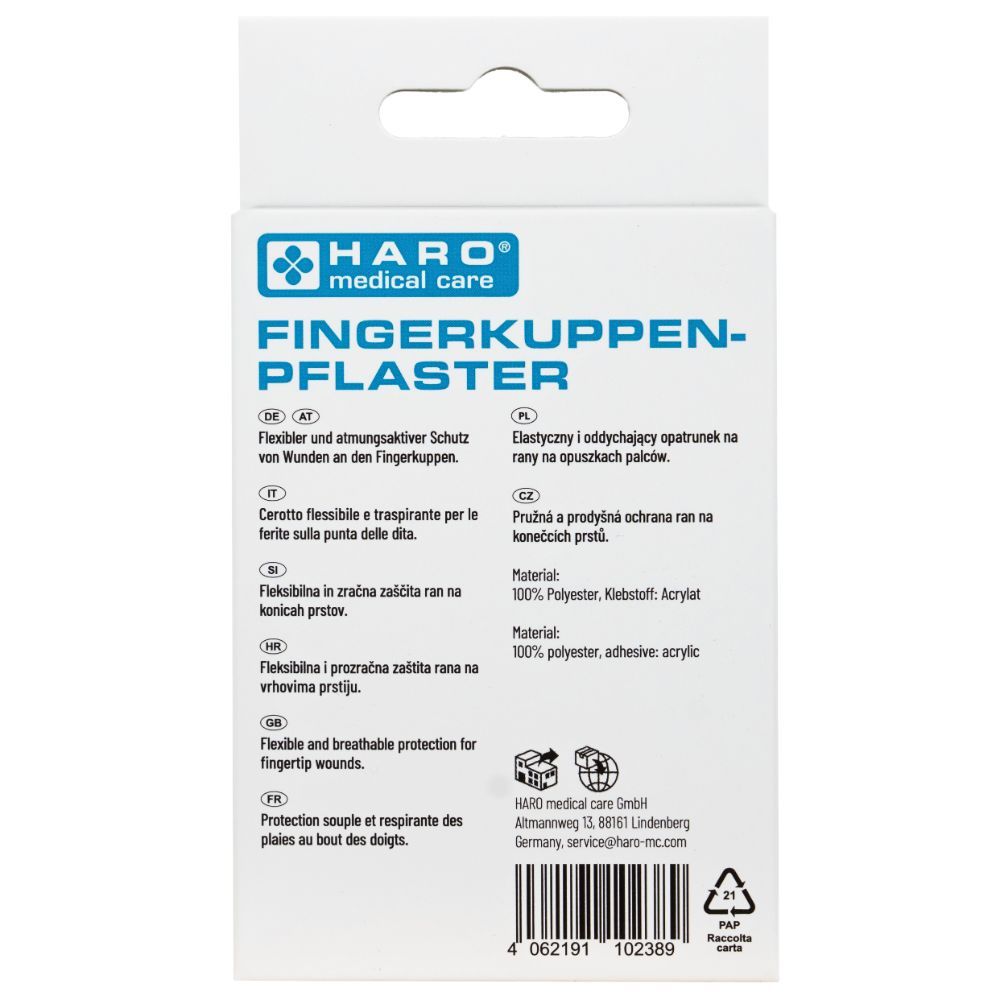 Rückseite der Haro Fingerkuppenpflaster-Verpackung. Text über Schutz und Material. Medizinprodukt.