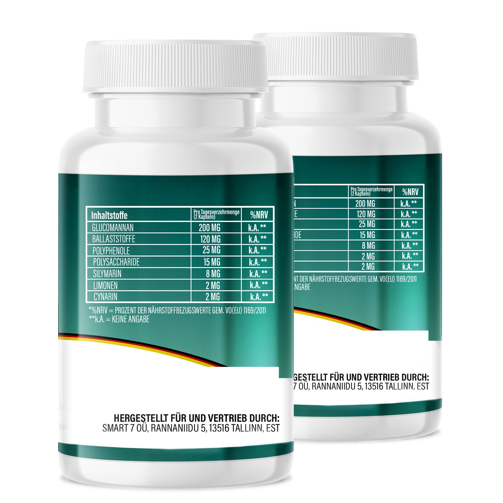 Zwei weiße Pillendosen mit grünen Etiketten. Aufschrift: Inhaltsstoffe, %NRV. Hergestellt für und vertrieben durch.