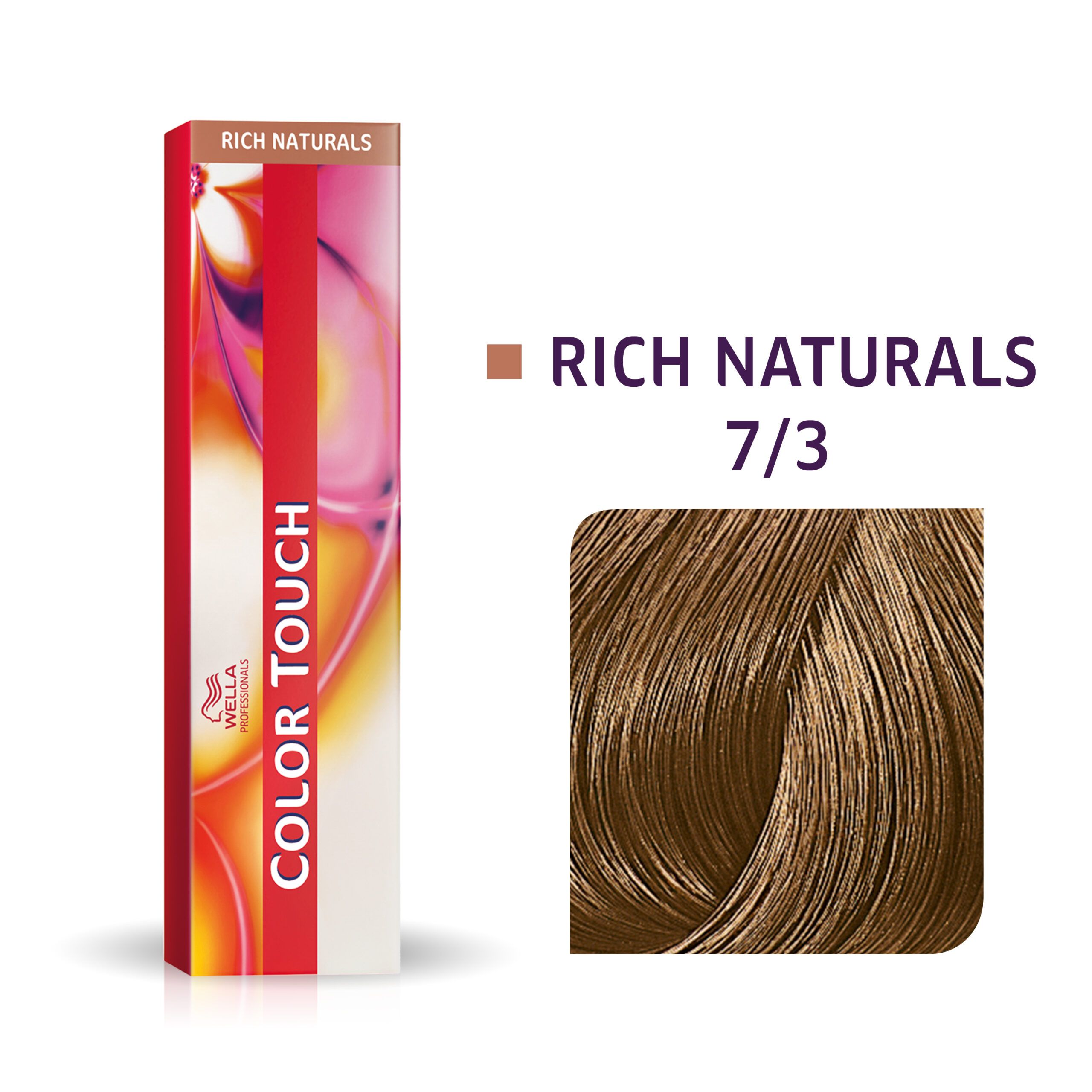 Wella Color Touch Haarfarbe. Verpackung und Farbmuster. Text: Rich Naturals 7/3. Farbmuster in Goldbraun.