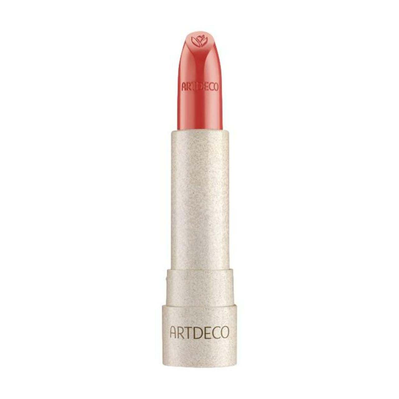 Lippenstift mit rosafarbenem Stift und cremefarbenem Gehäuse. Der Schriftzug ARTDECO ist auf dem Gehäuse zu sehen.