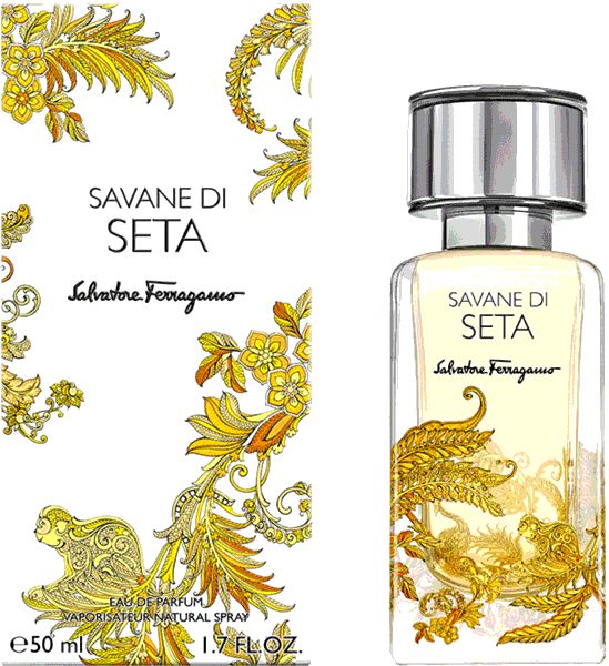Salvatore Ferragamo Savane di Seta EdP Nat. Spray. Flakon und Verpackung mit goldenen Verzierungen. Aufschrift: Savane di Seta, Salvatore Ferragamo.