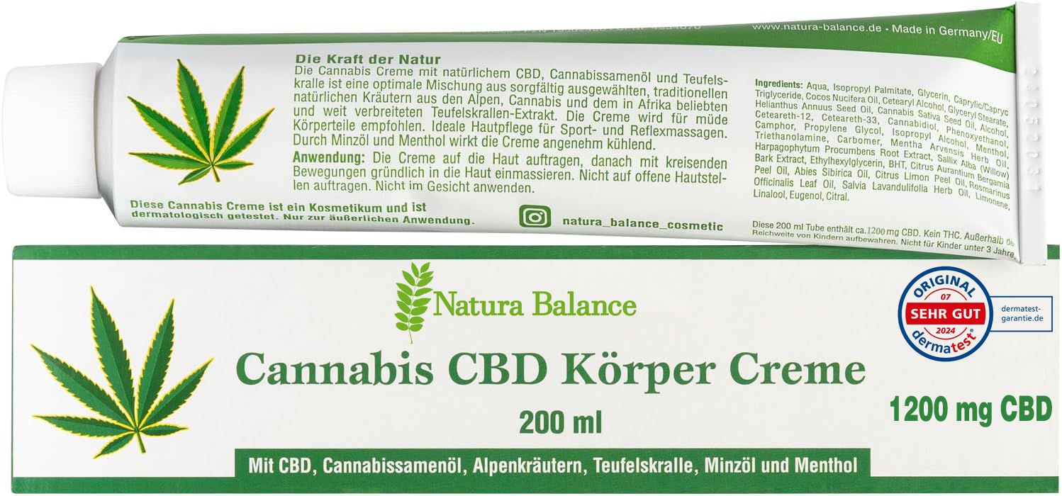 Rückseite der Natura Balance Cannabis CBD Körper Creme Tube und Faltschachtel mit Inhaltsstoffen und Anwendungshinweisen.