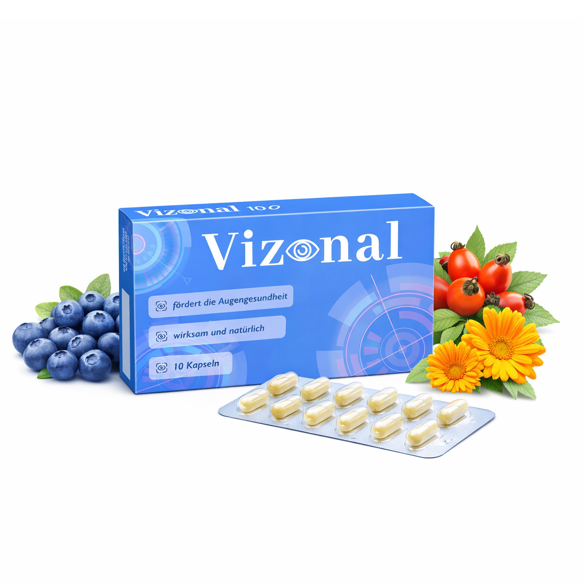 Blaue Schachtel mit "Vizonal"-Logo, Kapseln in Blisterpackung, Blaubeeren, Hagebutten und Ringelblumen.