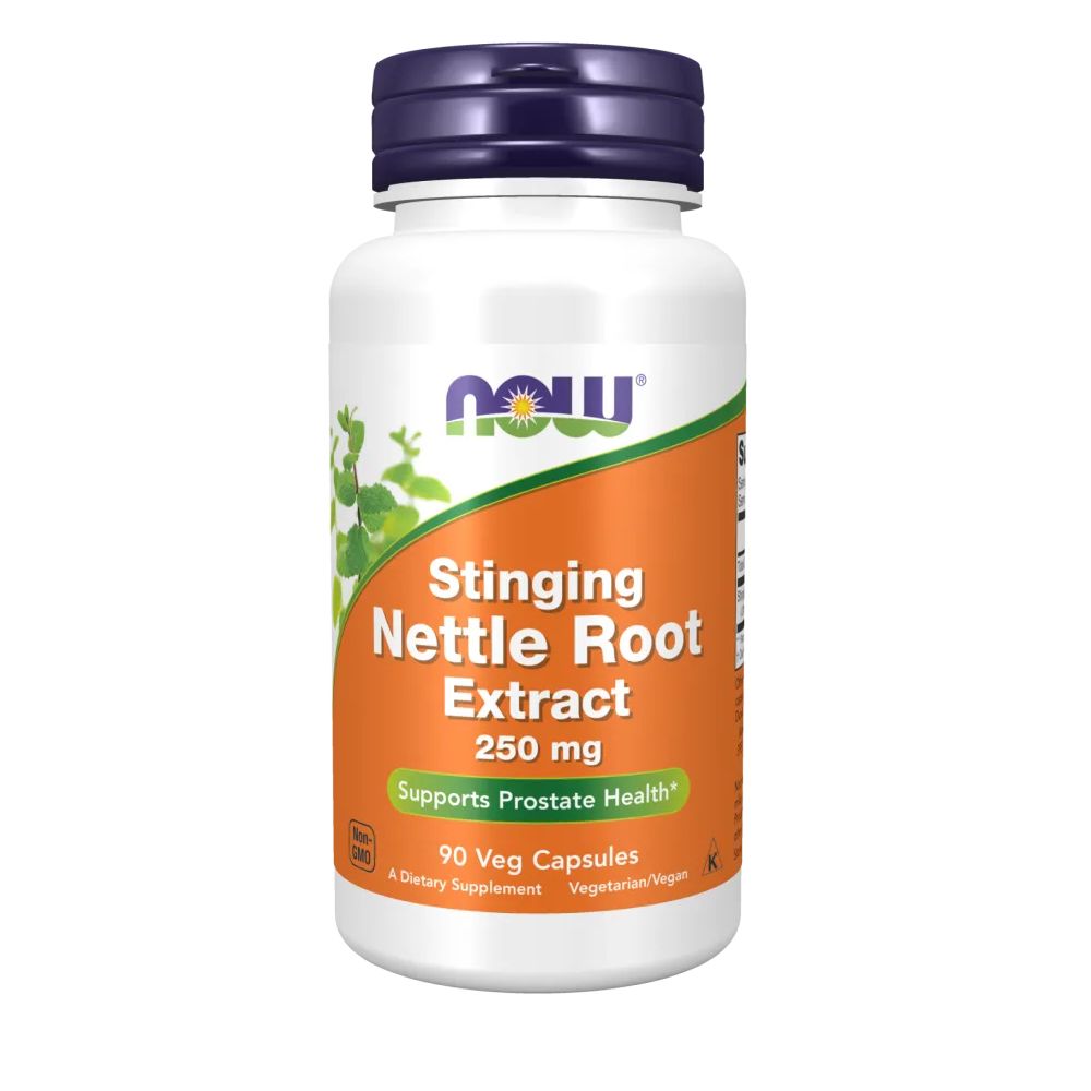 Weiße Flasche mit lila Deckel. Aufschrift: Stinging Nettle Root Extract, 250 mg, 90 Veg Capsules. Unterstützt die Gesundheit der Prostata.