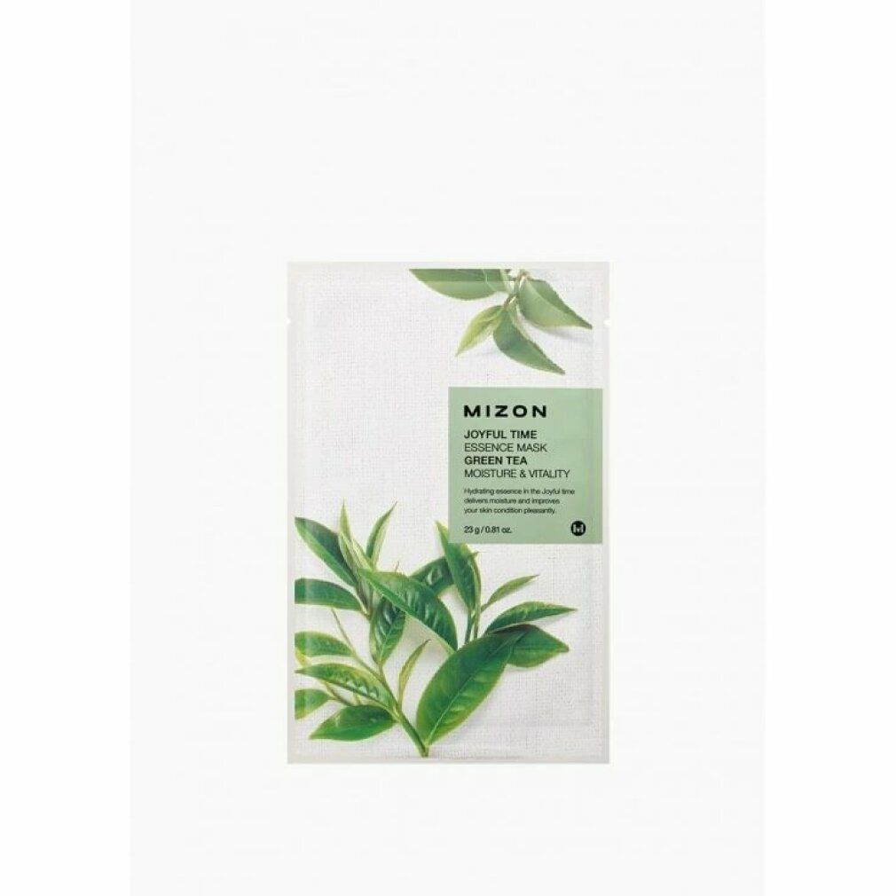 Produktverpackung mit grünen Blättern. Text: MIZON Joyful Time Essence Mask Green Tea Moisture & Vitality. Auf weißem Hintergrund.