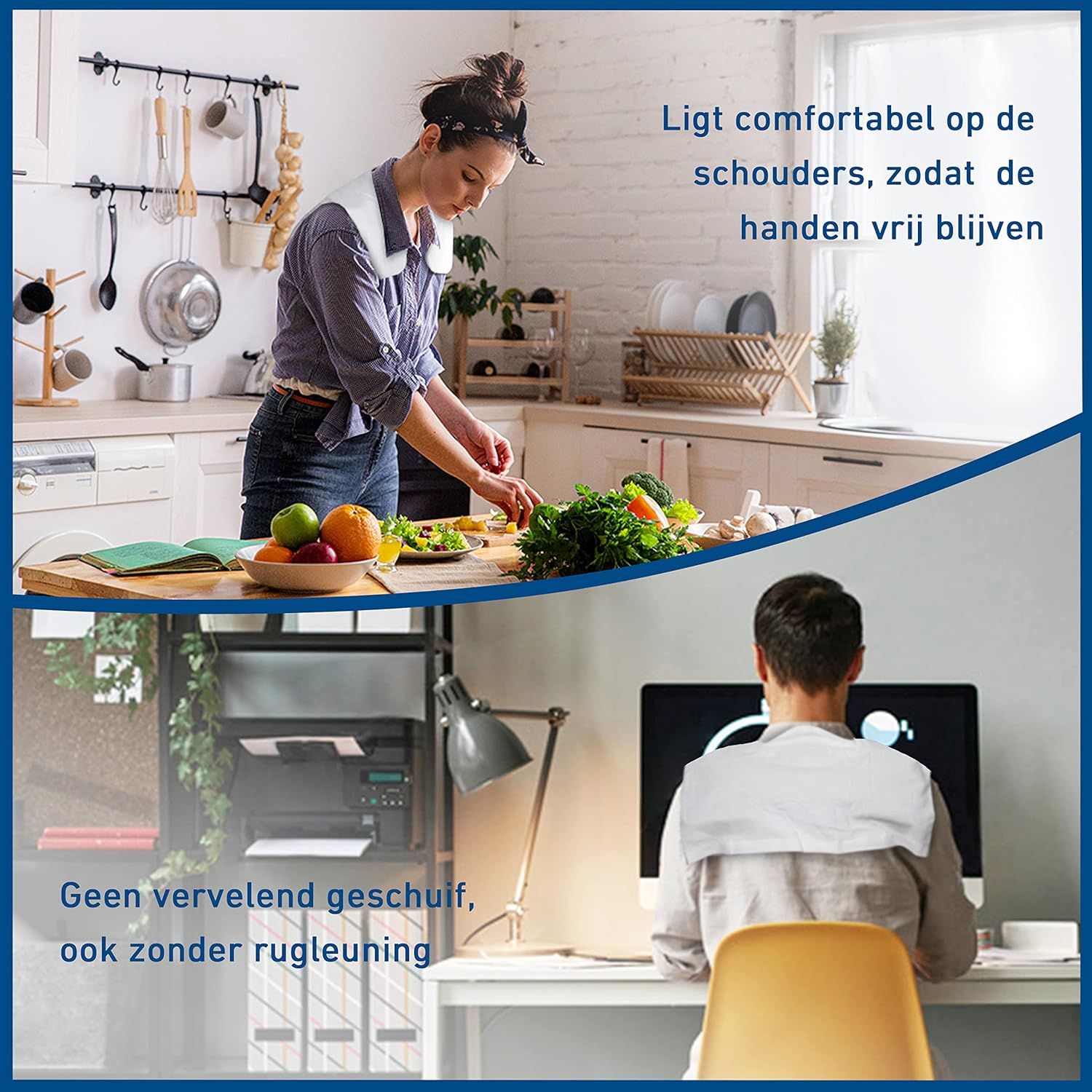Personen met nekkussen in de keuken en op kantoor. Tekst: 'Ligt comfortabel op de schouders'.