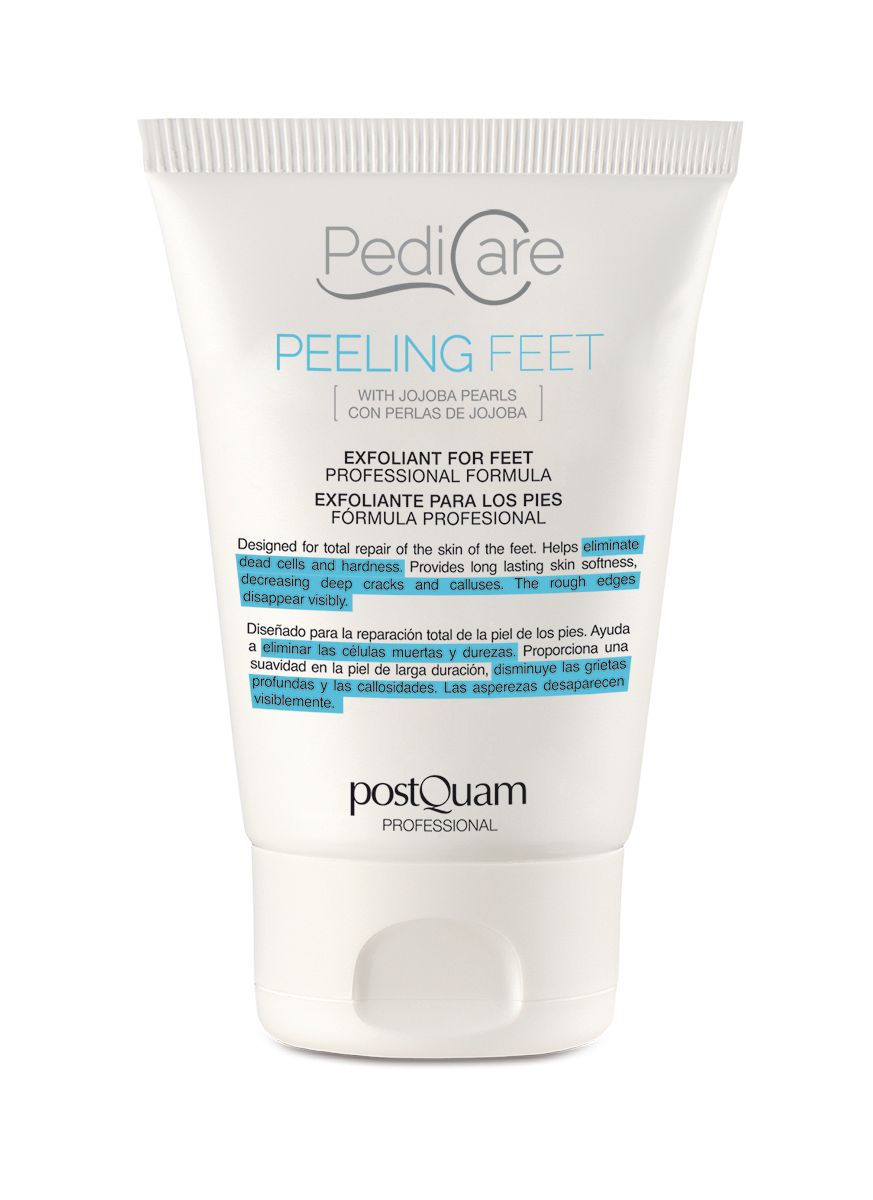 Weiße Tube mit blauem Text. Aufschrift: PediCare Peeling Feet. Text in Englisch und Spanisch. Marke: PostQuam Professional.