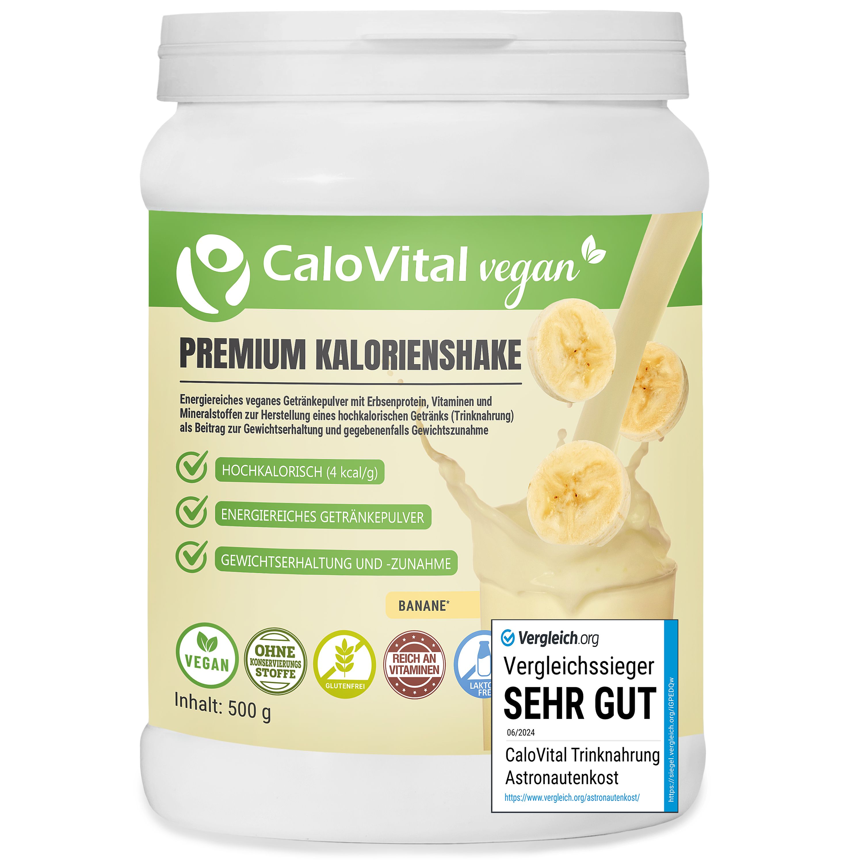 Weißer Behälter mit Aufschrift CaloVital vegan, Premium Kalorienshake. Bananengeschmack. Siegel: Sehr gut. Vegan, ohne Stoffe, reich an Vitaminen.