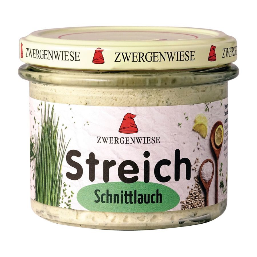 Glas mit Aufstrich. Aufschrift "Zwergenwiese Streich Schnittlauch Bio". Deckel mit Logo. Schnittlauch-Abbildung.