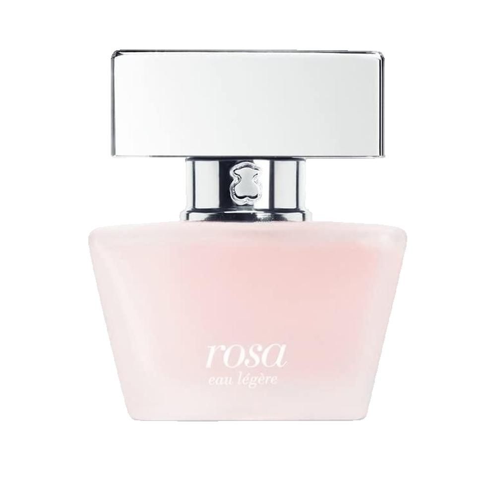 Rosa Eau Légère Flakon. Rosa Flüssigkeit in einem quadratischen, rosa Farbverlauf Glasflakon mit silbernem Deckel. Schriftzug: rosa eau légère.