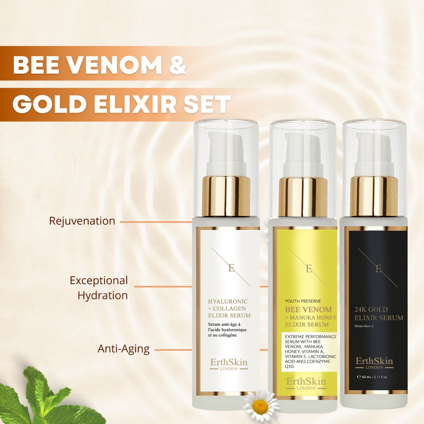 Drei Serumflaschen mit Pumpverschluss. Beschriftung: Hyaluronsäure + Kollagen, Bienenvenom + Manuka-Honig, 24K Gold. Marke: ErthSkin London. Text: Bee Venom & Gold Elixir Set.