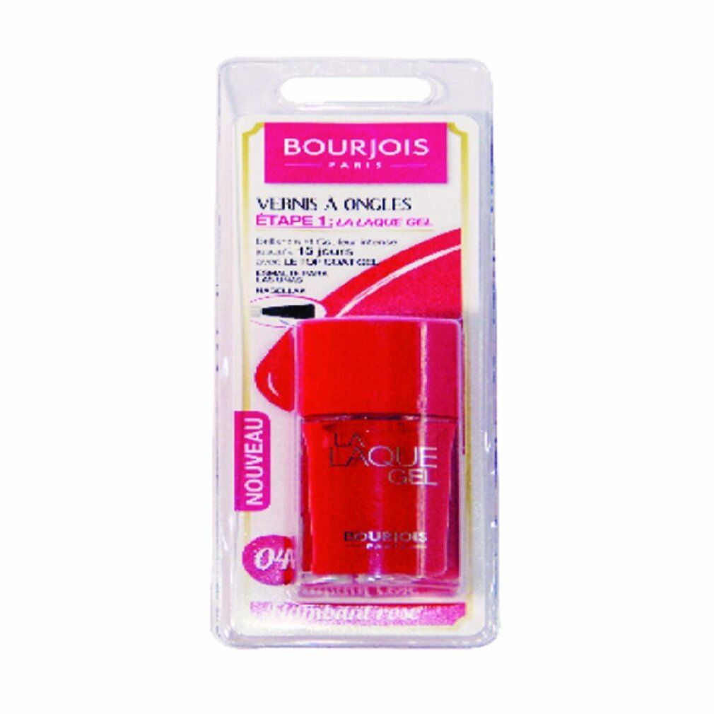 Roter Nagellack in Blisterverpackung. Aufschrift: Bourjois Paris, La Laque Gel. Nummer 04.