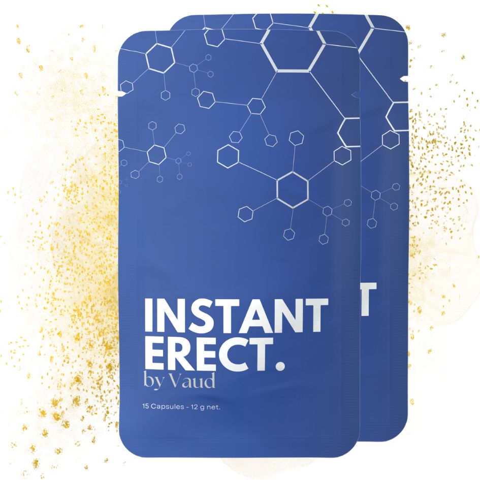 Zwei blaue Beutel mit "INSTANT ERECT. by Vaud"-Logo. Text: 15 Kapseln - 12 g netto. Hintergrund mit goldenen Elementen.