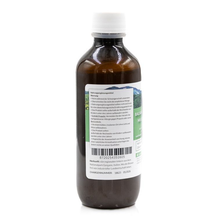Rückseite einer braunen Glasflasche mit weißem Deckel. Etikett mit Warnhinweisen und Chargennummer. Bio-Zertifizierung. 200 ml.