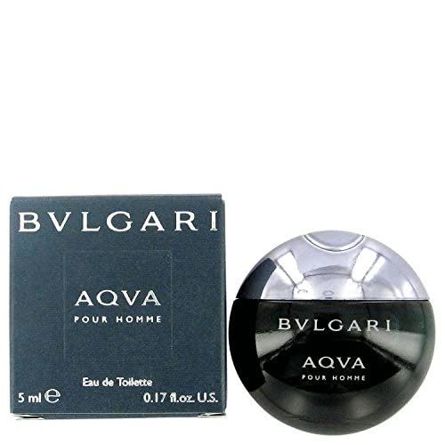 Kleiner Flakon und Verpackung. Flakon rund, schwarz mit silbernem Deckel. Verpackung: Bvlgari, AQVA POUR HOMME.