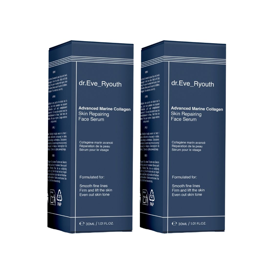 Zwei Schachteln Serum. Aufschrift: dr.Eve_Ryouth, Advanced Marine Collagen Skin Repairing Face Serum. Blaue Verpackung.